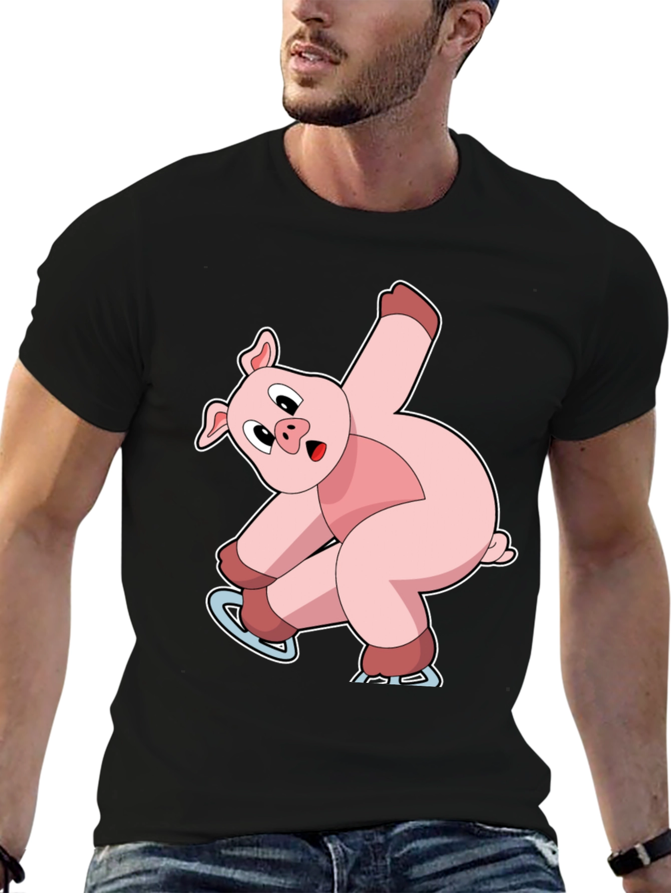 Skating Pig Graphic Tee - Black Cotton T-Shirt