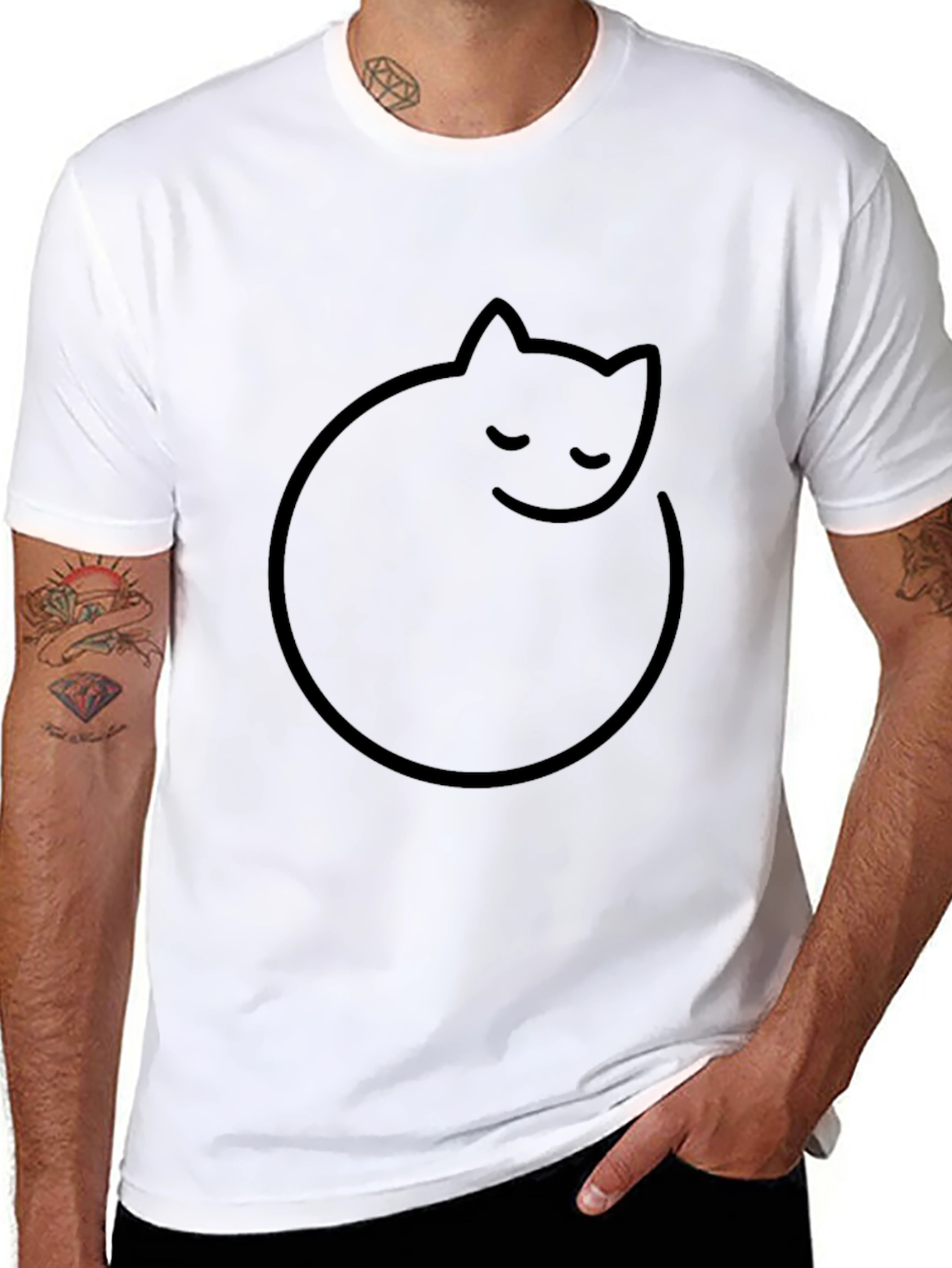 Mens Black T-Shirt with Minimalist Cat Design