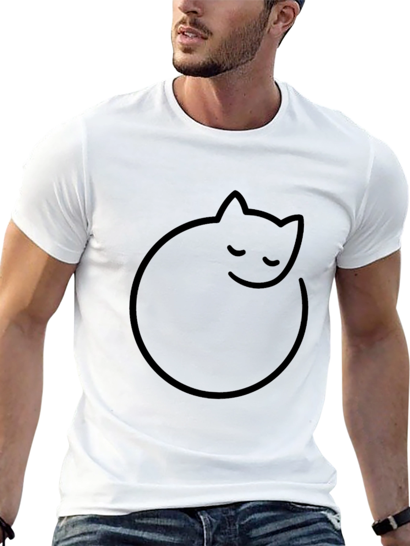 Mens Black T-Shirt with Minimalist Cat Design