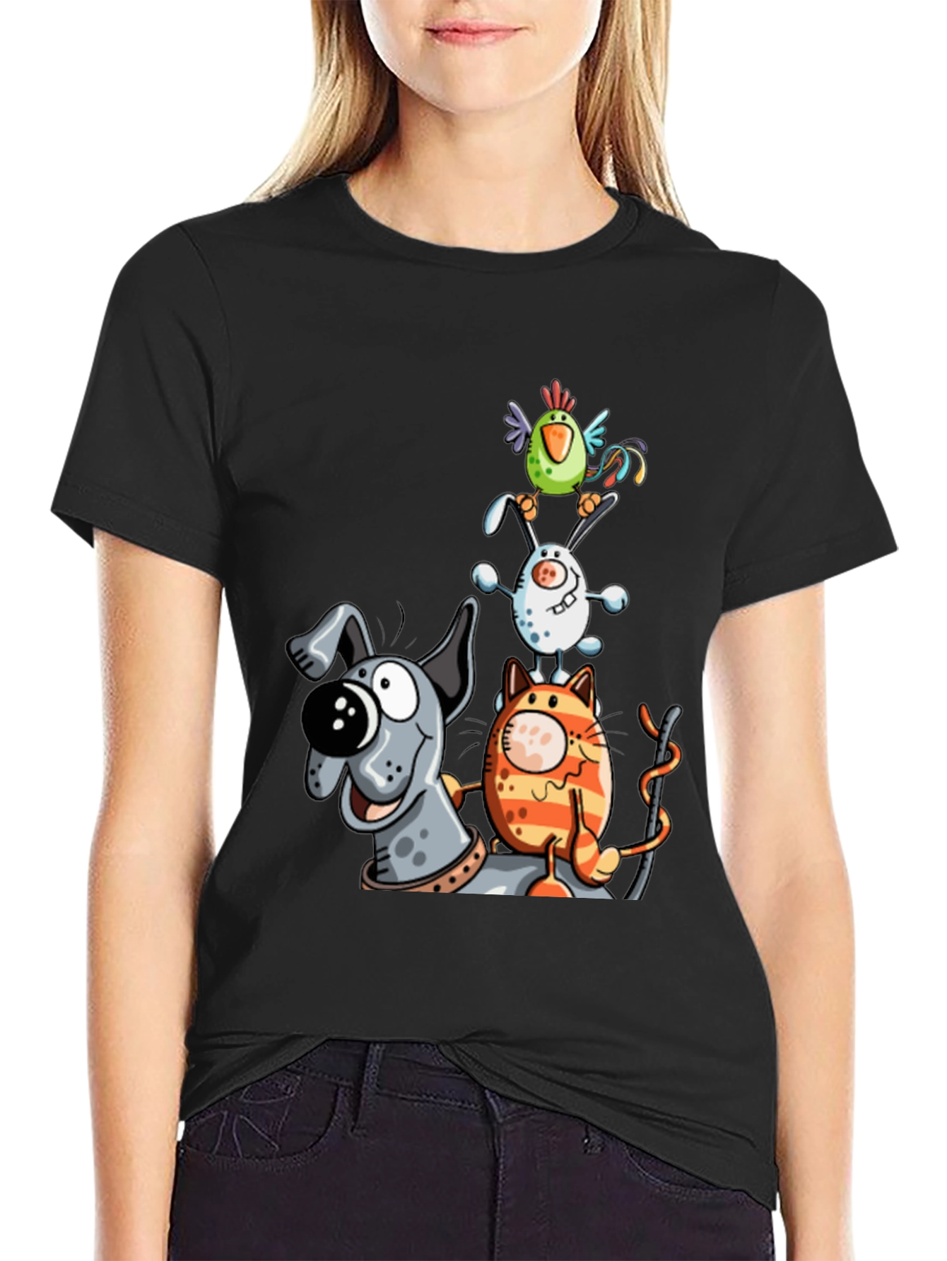 Animal Tower T-Shirt: Dog Cat Bunny Bird