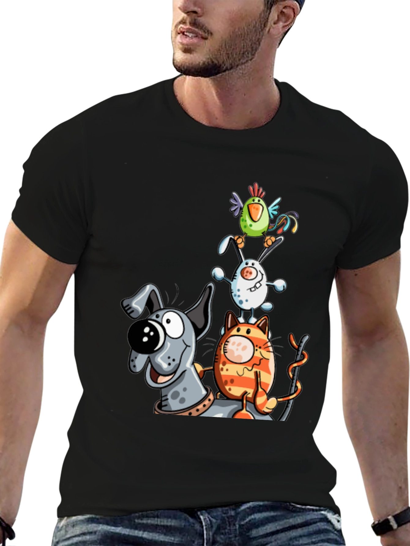 Animal Tower T-Shirt: Dog Cat Bunny Bird