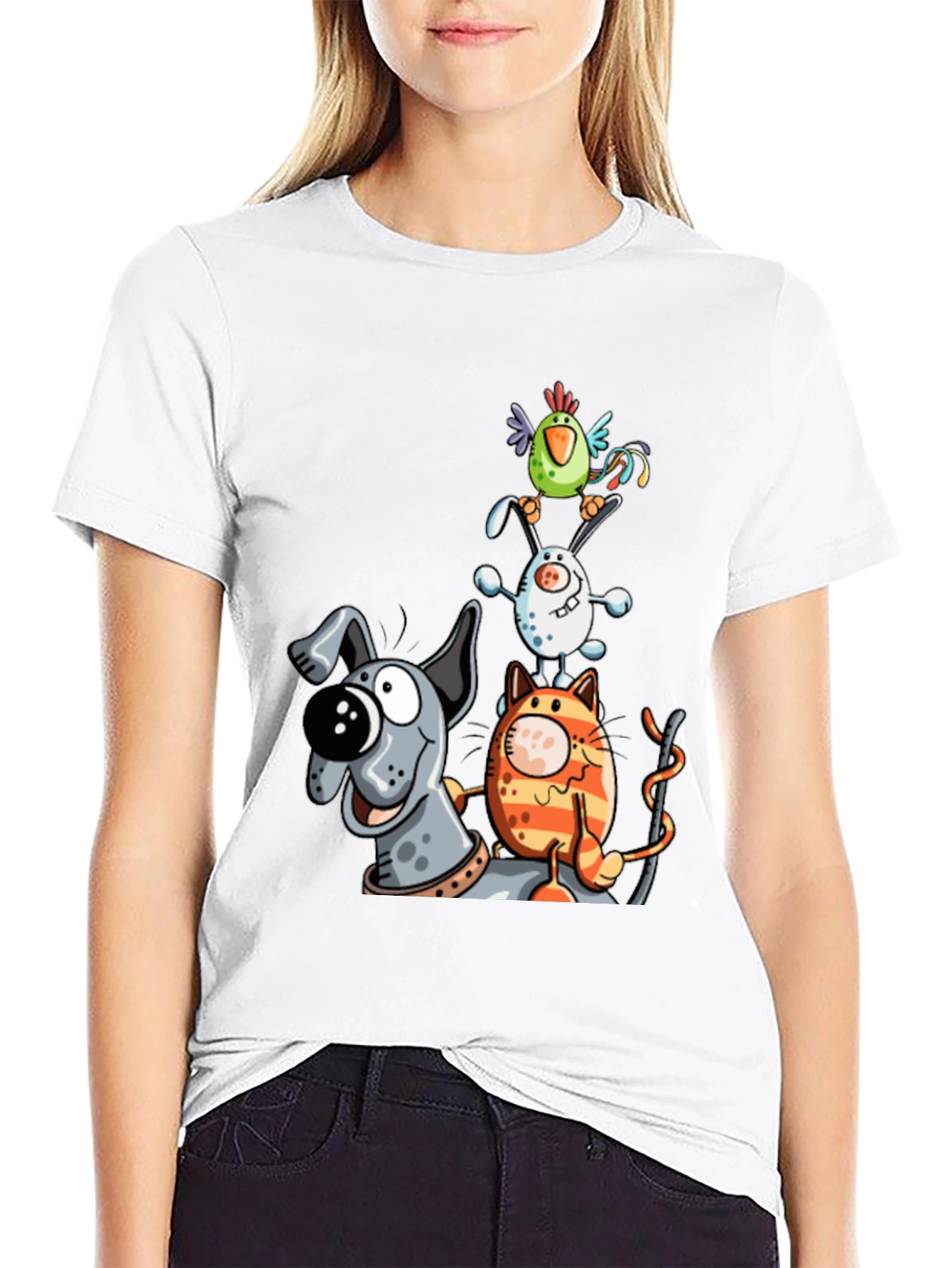 Animal Tower T-Shirt: Dog Cat Bunny Bird