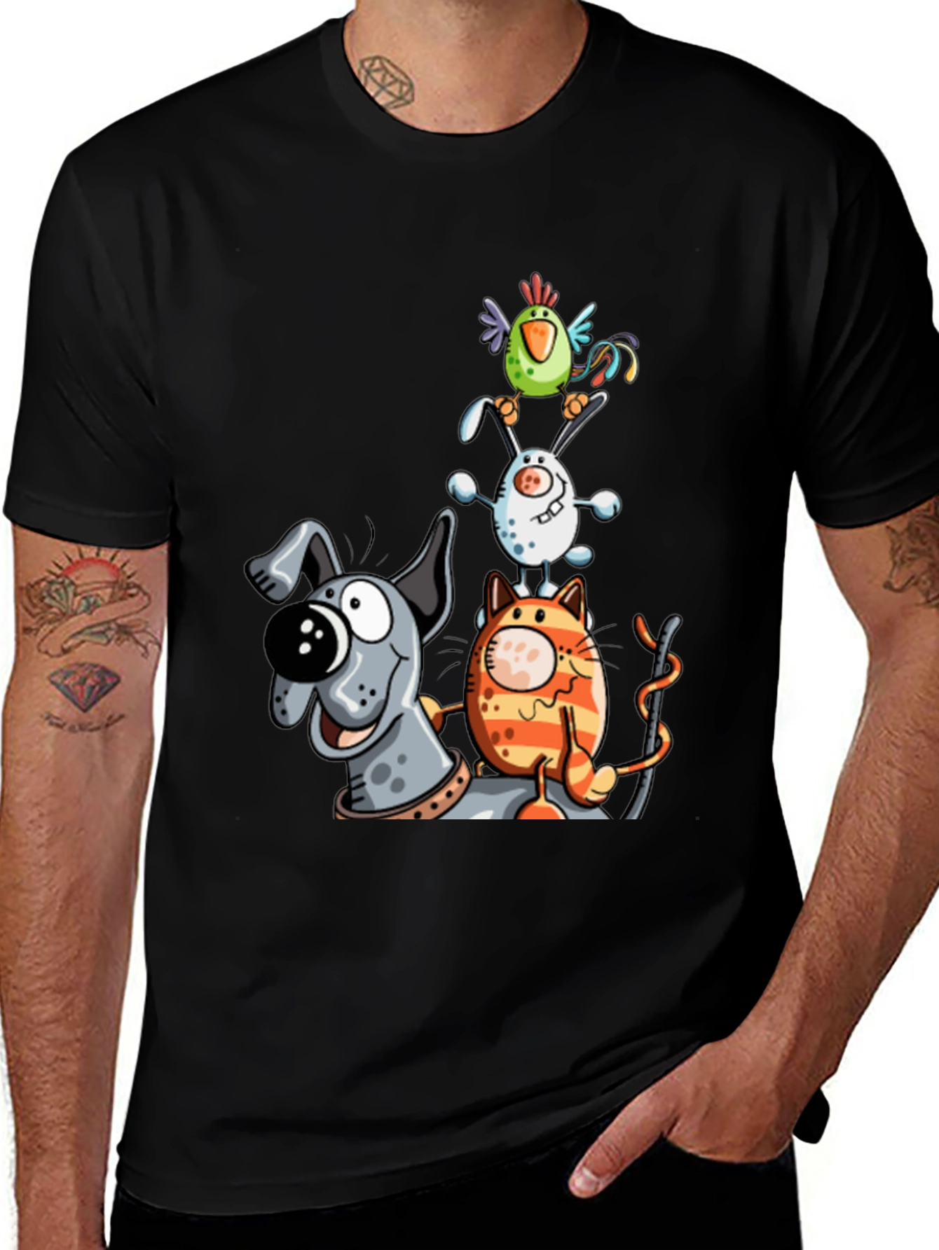 Animal Tower T-Shirt: Dog Cat Bunny Bird