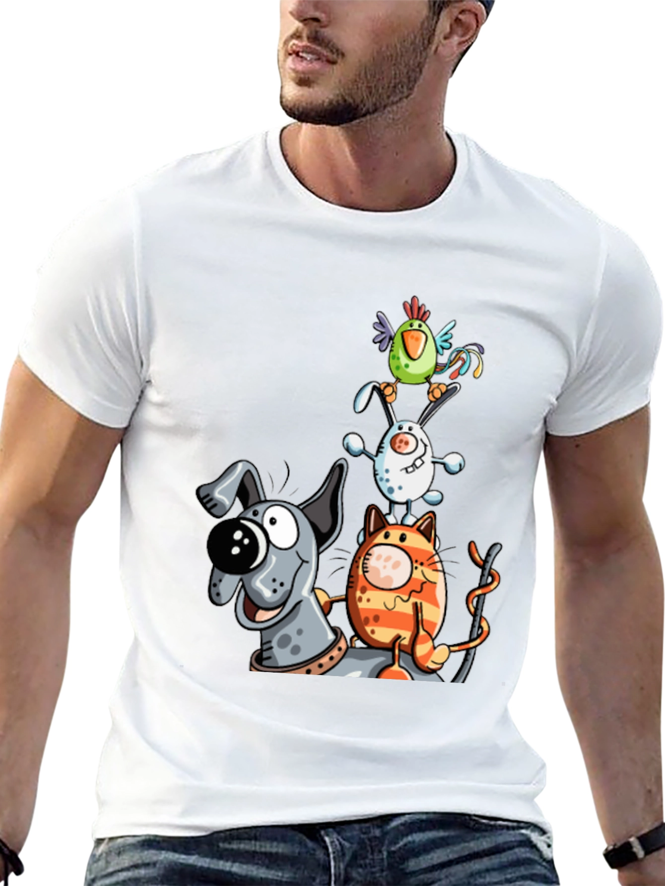 Animal Tower T-Shirt: Dog Cat Bunny Bird