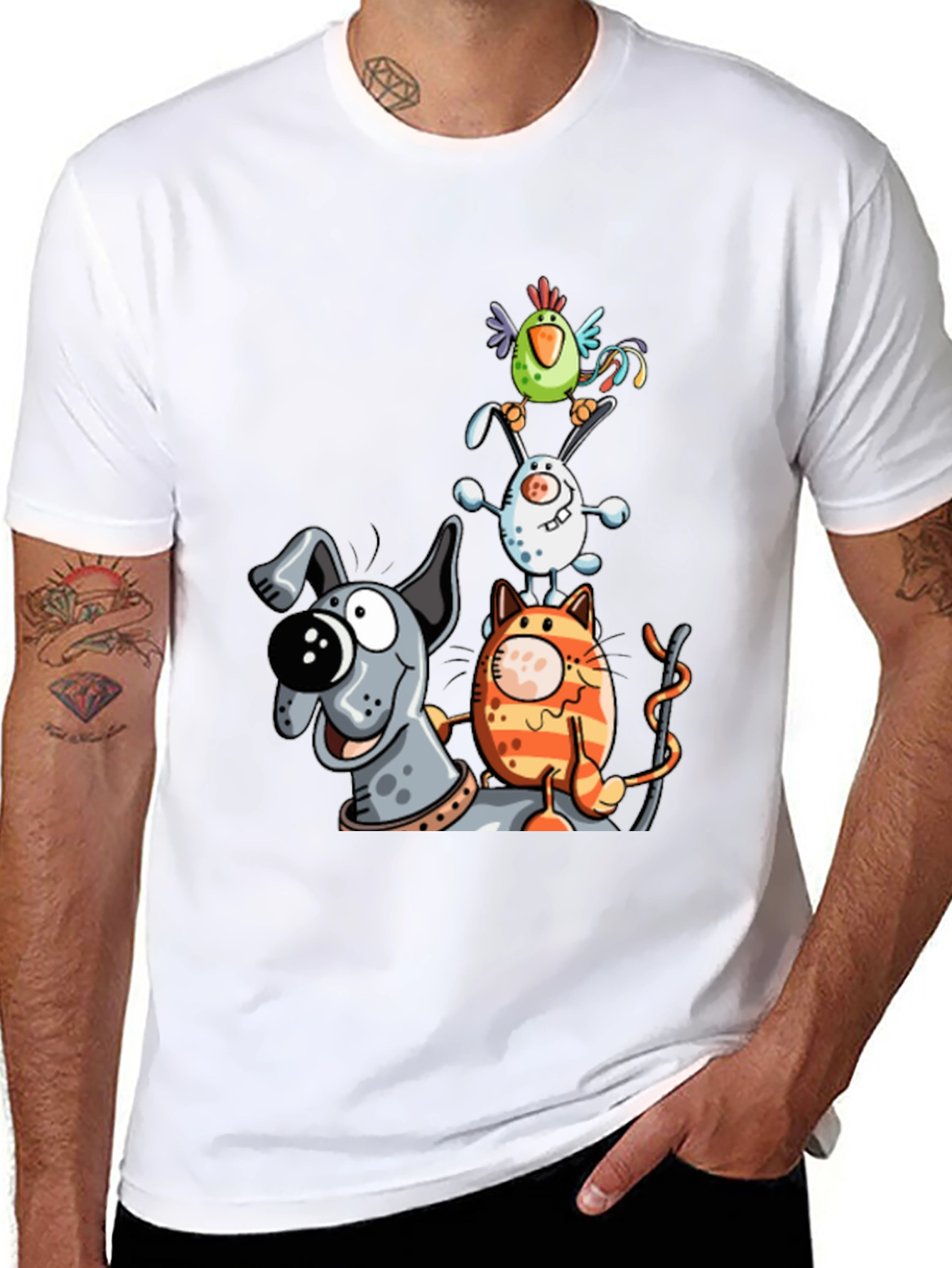 Animal Tower T-Shirt: Dog Cat Bunny Bird