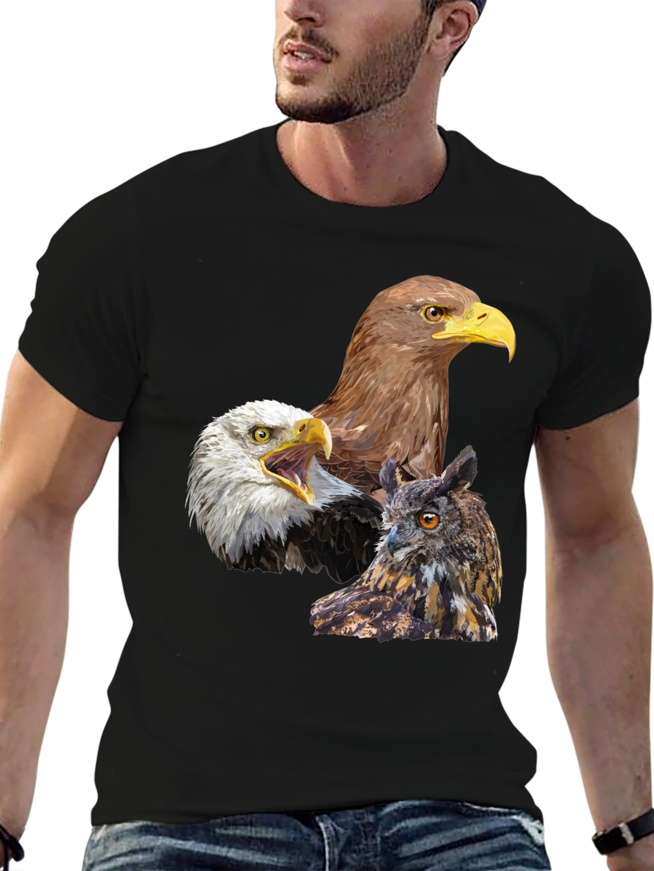 Eagles and Owl Graphic Print Black T-Shirt