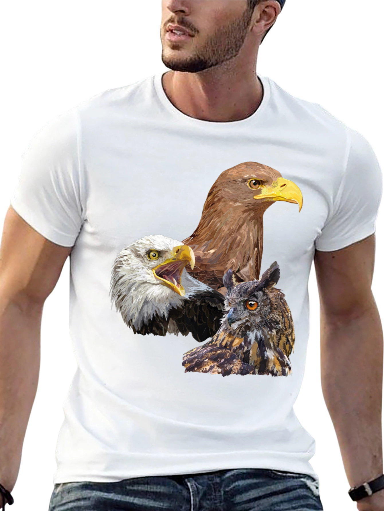 Eagles and Owl Graphic Print Black T-Shirt