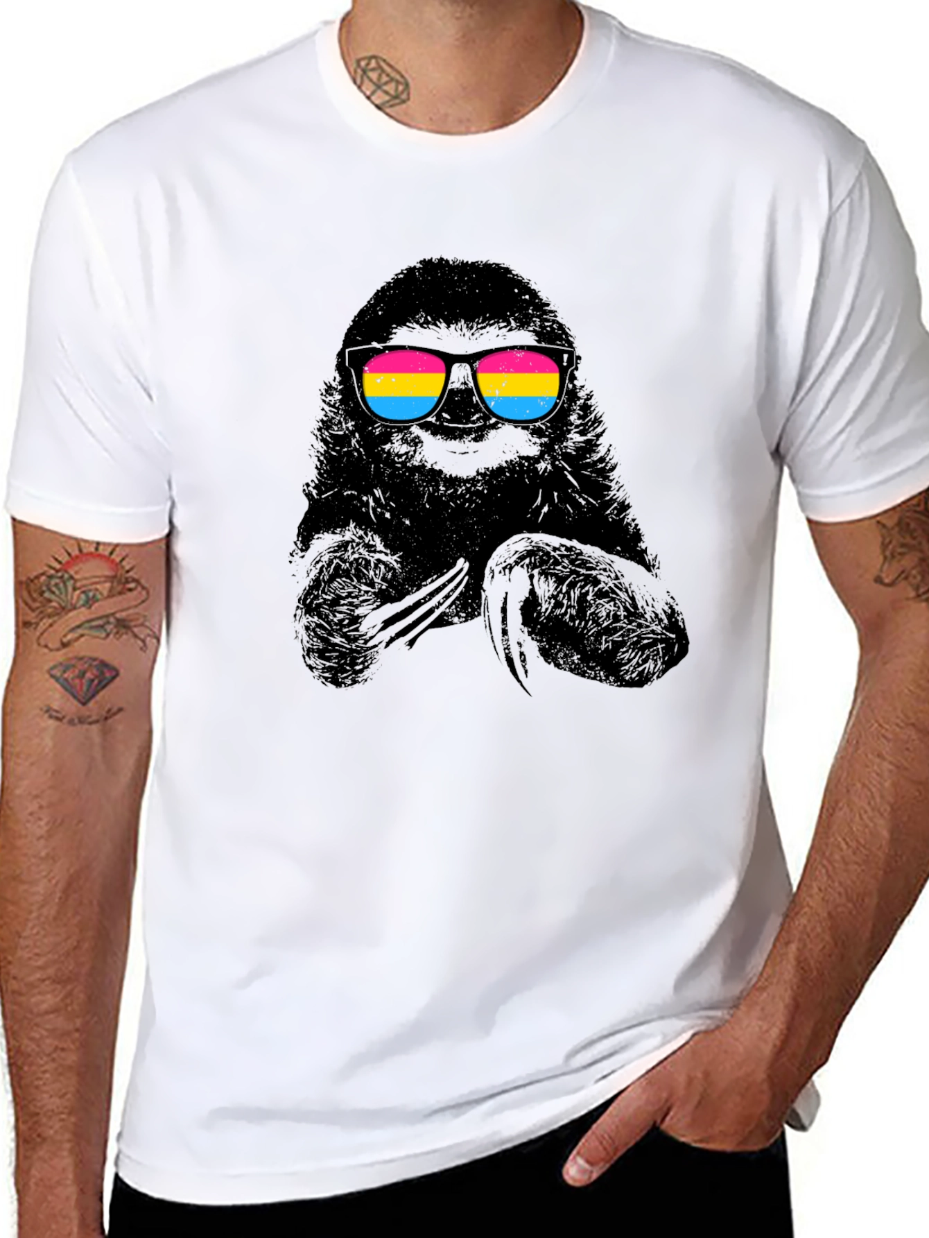 Cool Sloth in Pan Pride Sunglasses Black T-Shirt