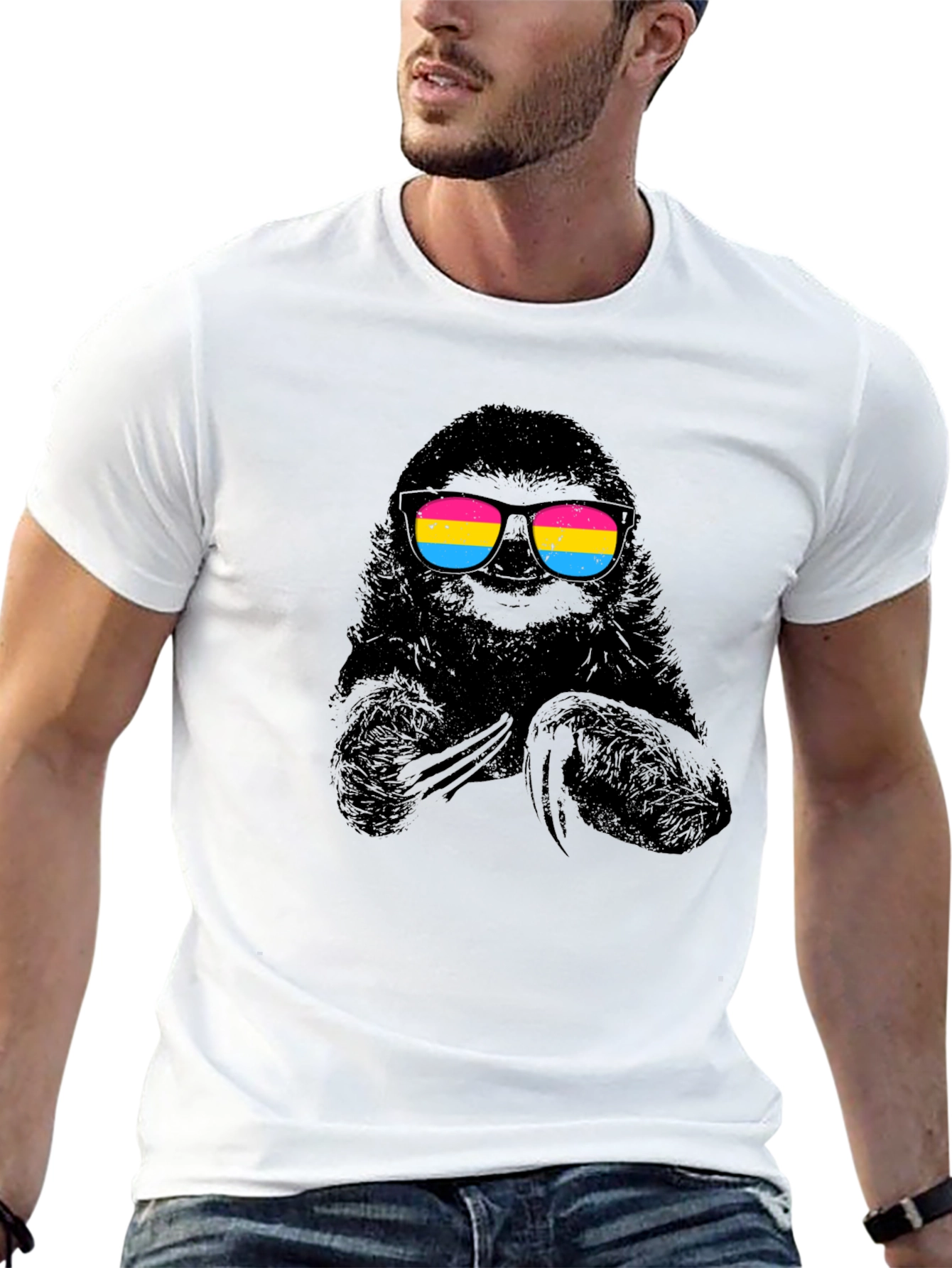 Cool Sloth in Pan Pride Sunglasses Black T-Shirt