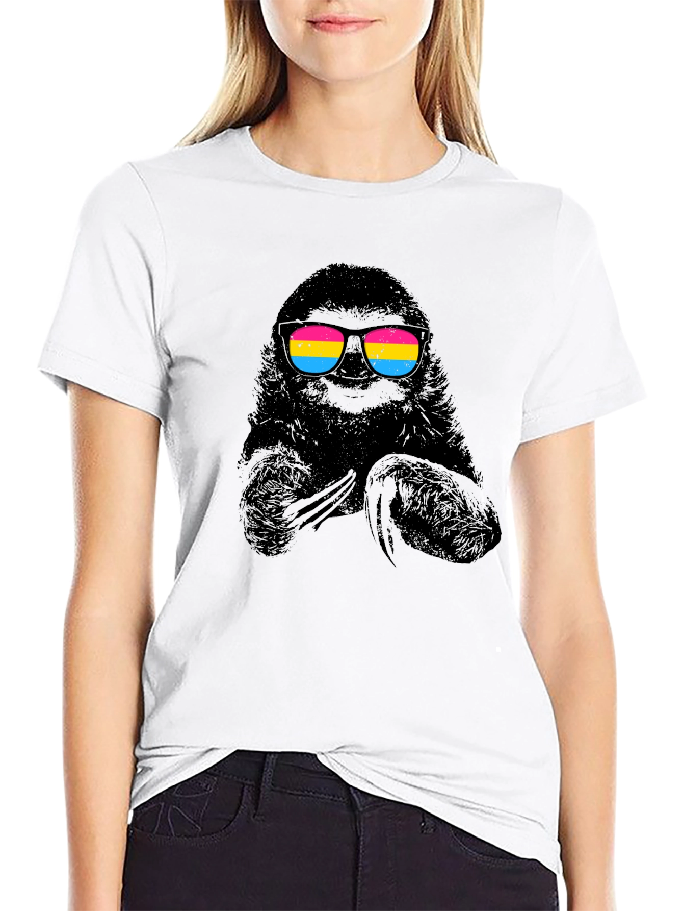Cool Sloth in Pan Pride Sunglasses Black T-Shirt