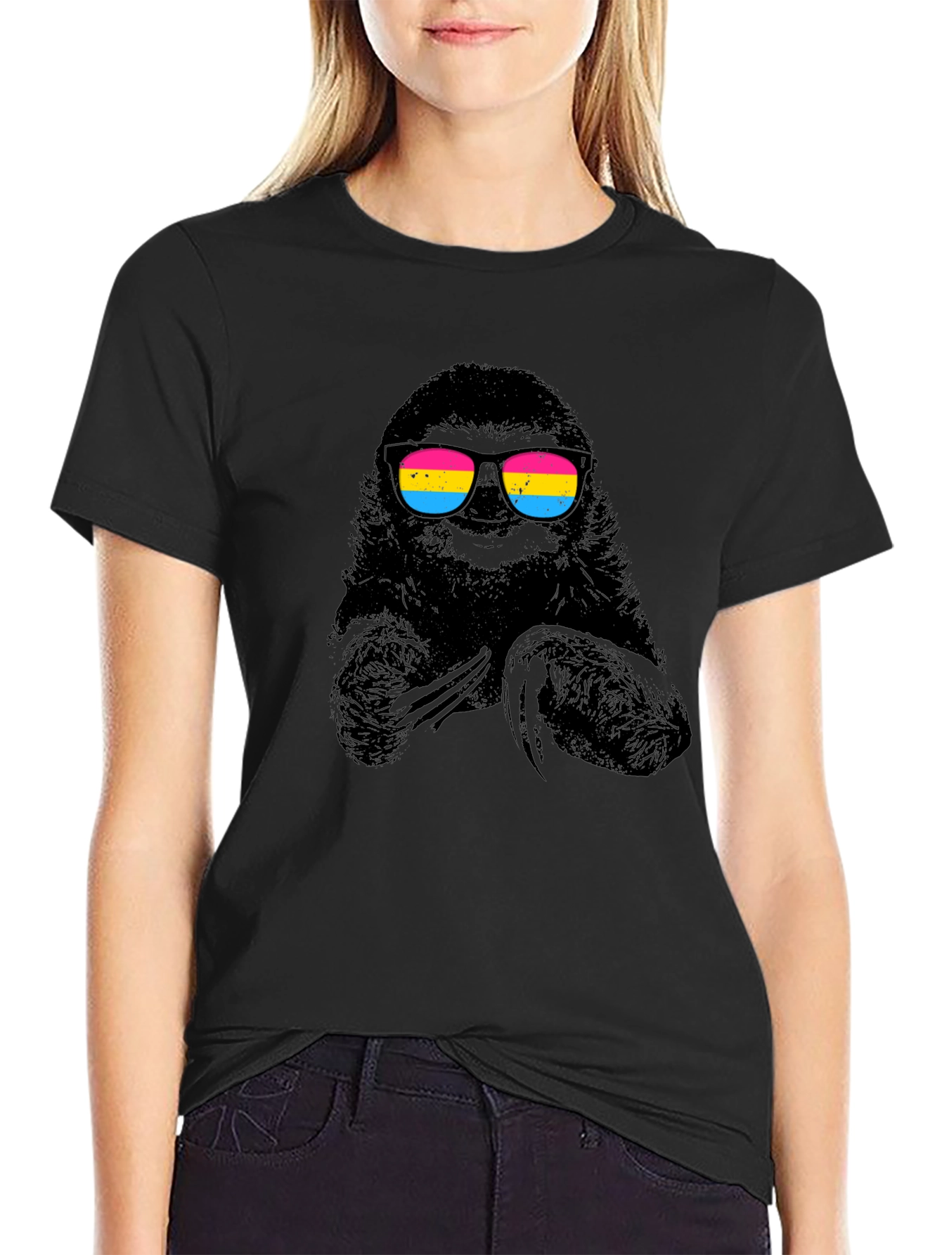Cool Sloth in Pan Pride Sunglasses Black T-Shirt