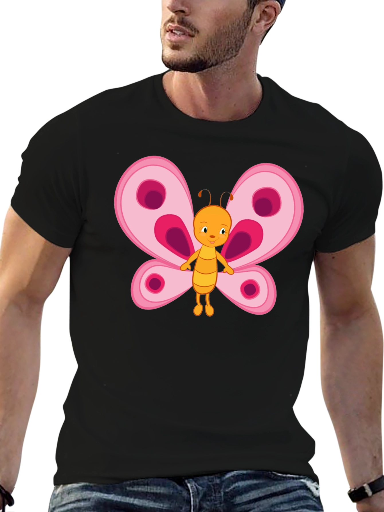 Cute Cartoon Butterfly Graphic Tee - Black