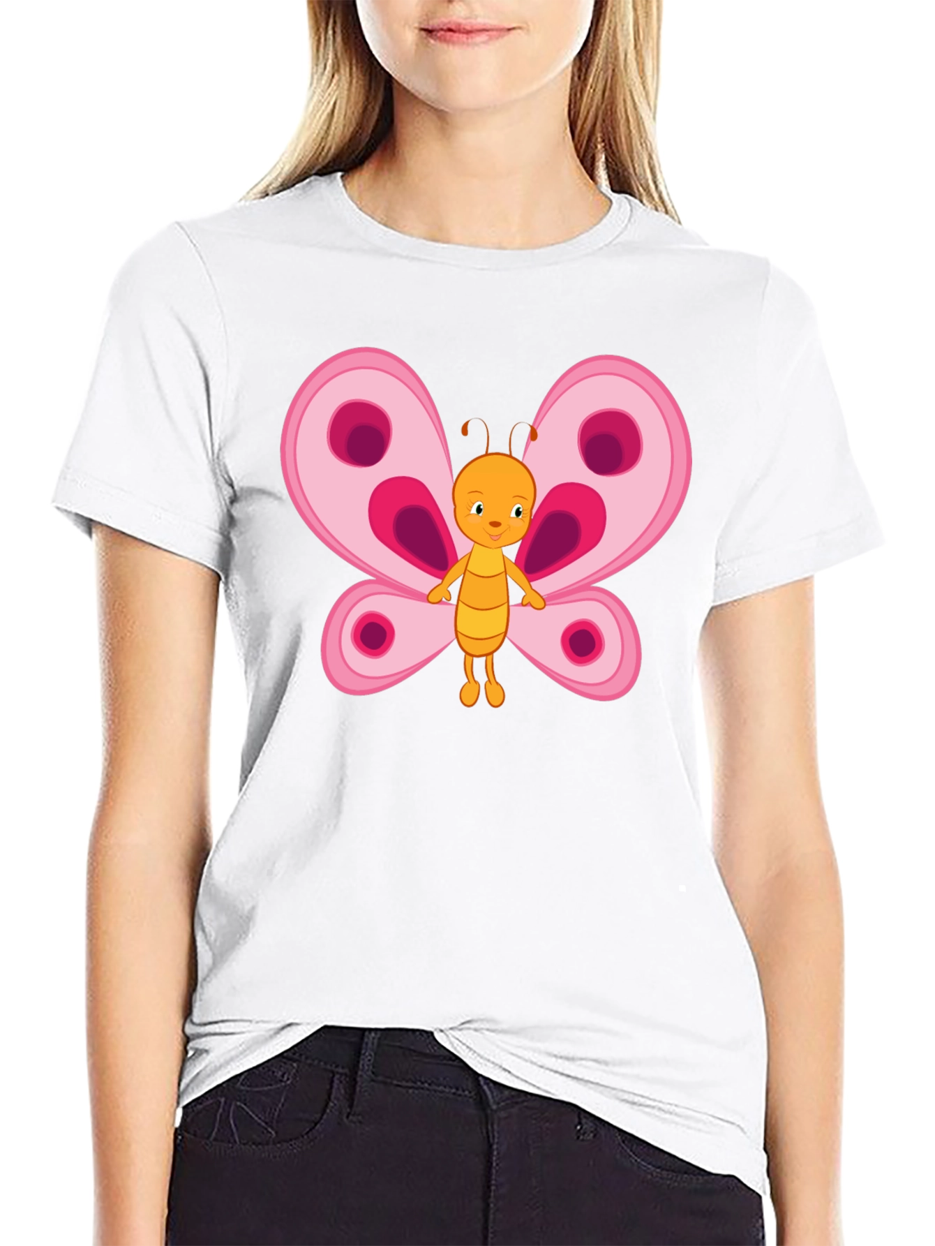 Cute Cartoon Butterfly Graphic Tee - Black