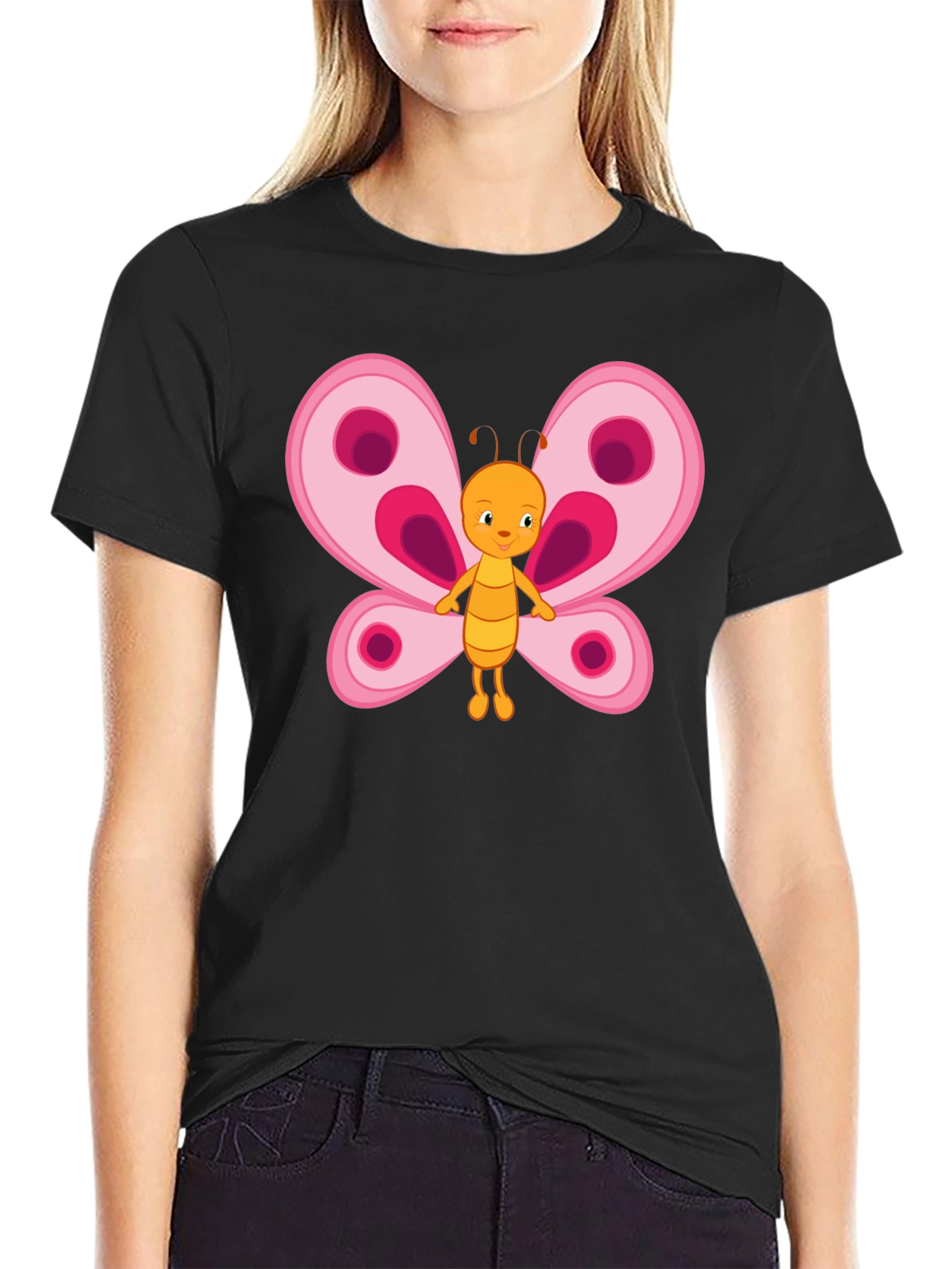 Cute Cartoon Butterfly Graphic Tee - Black