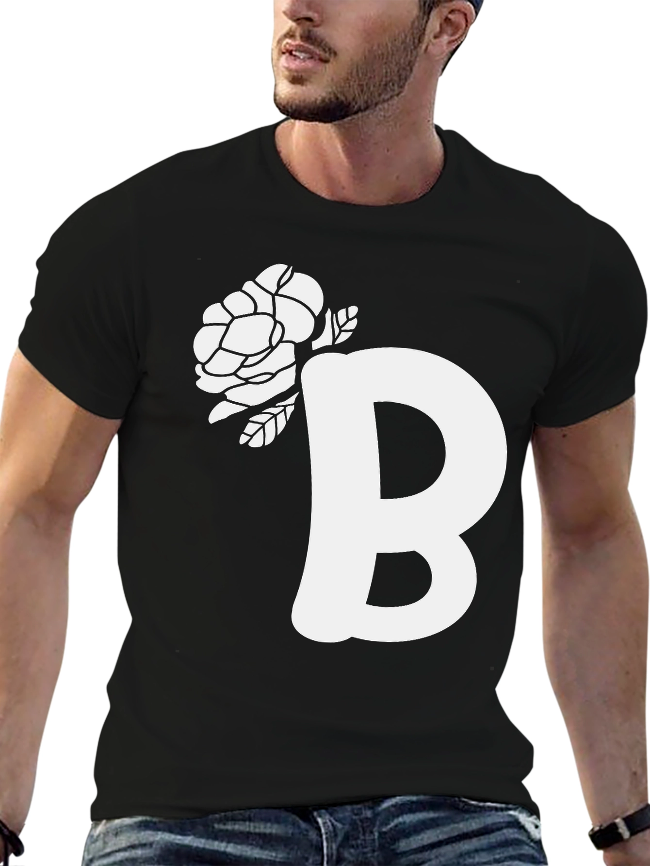 Floral Initial B Black T-Shirt