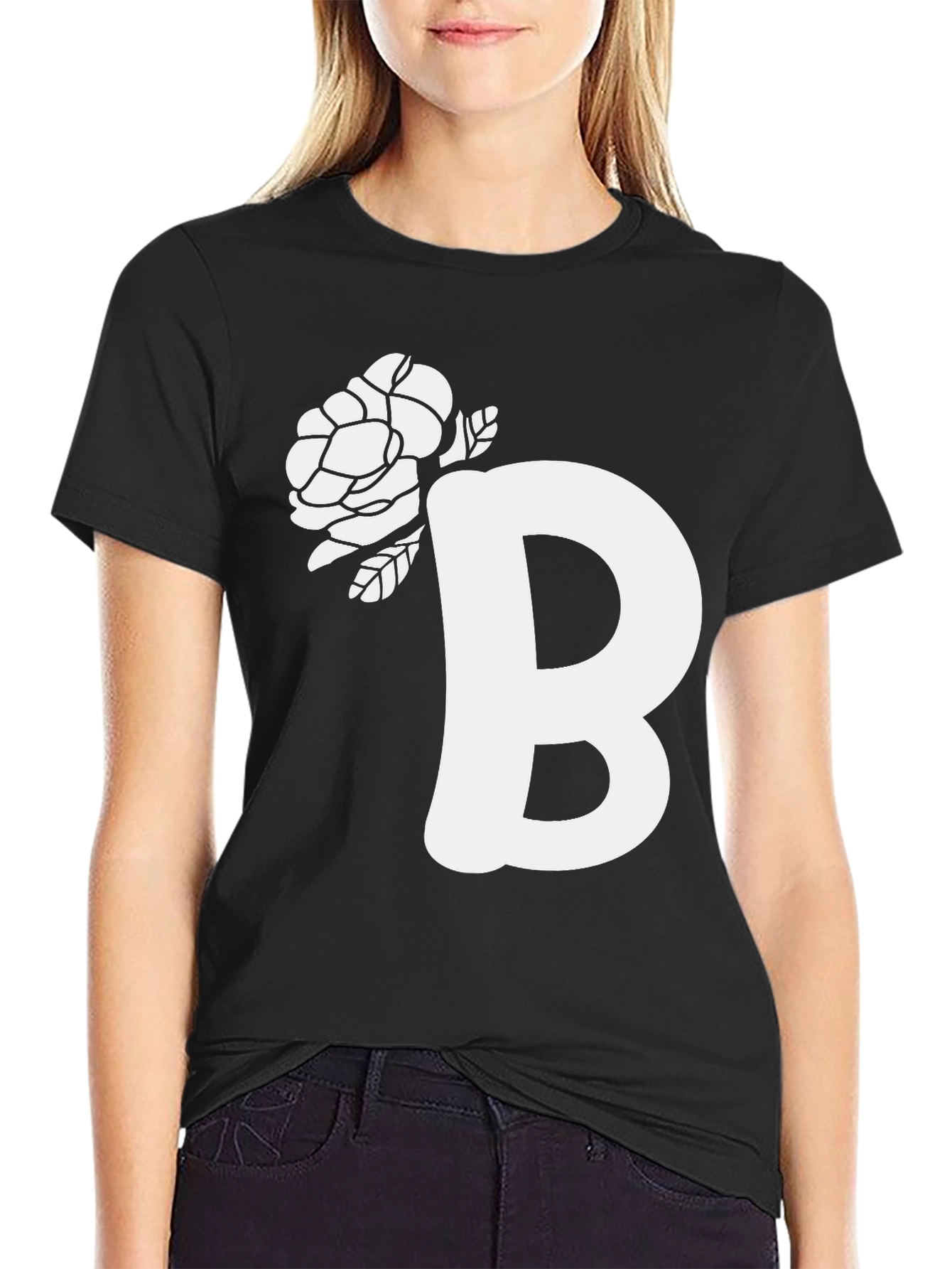 Floral Initial B Black T-Shirt