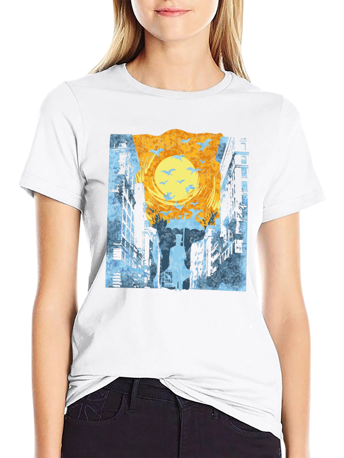 Cityscape T-Shirt: Urban Style with Bird Design