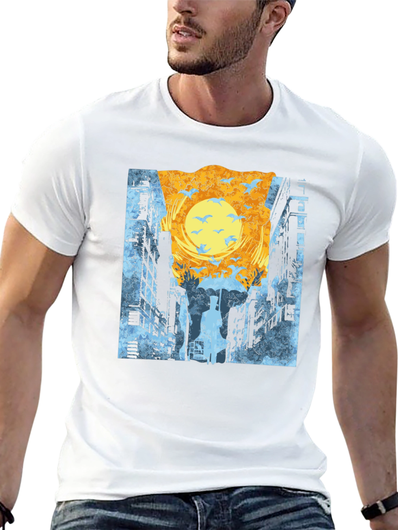 Cityscape T-Shirt: Urban Style with Bird Design
