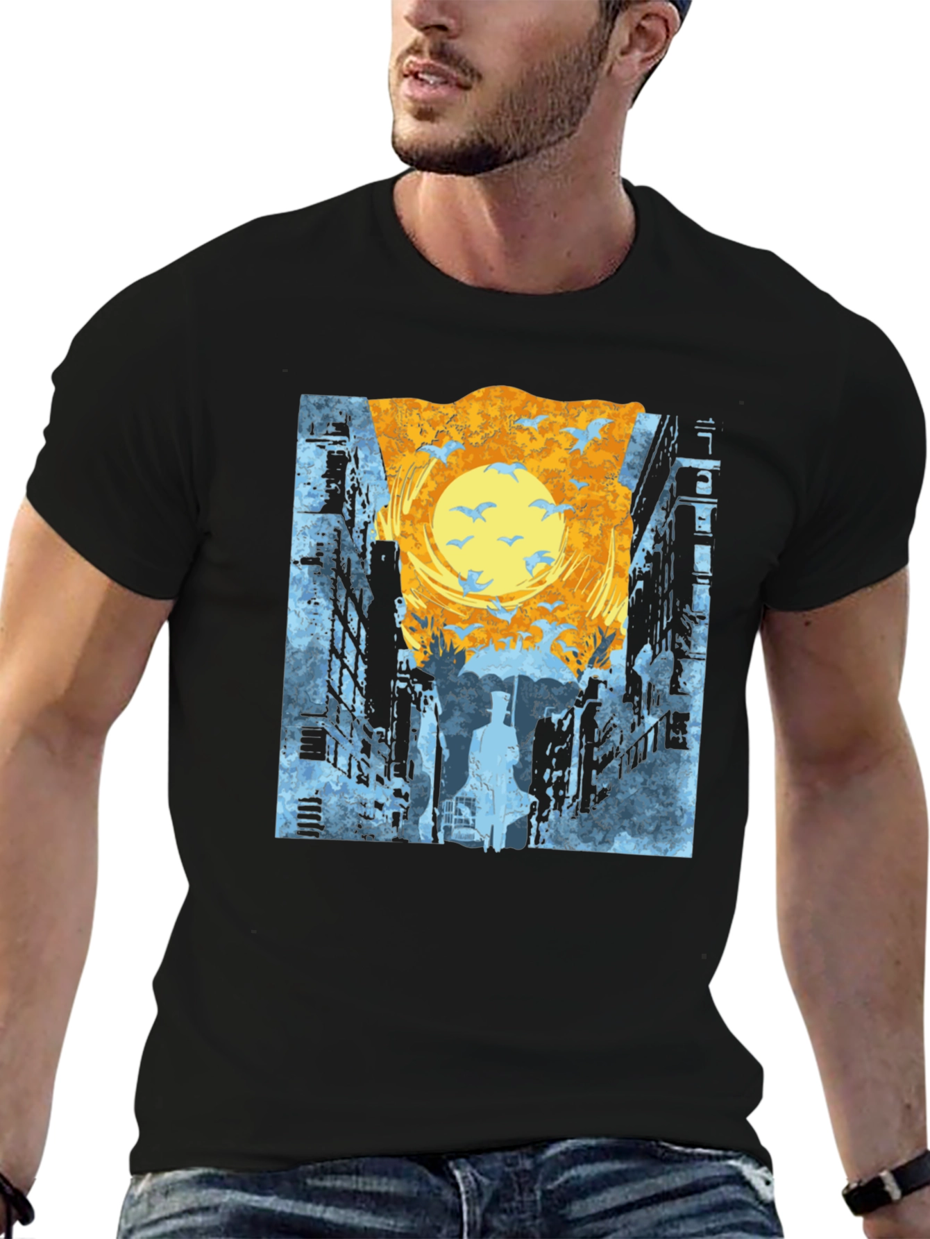 Cityscape T-Shirt: Urban Style with Bird Design