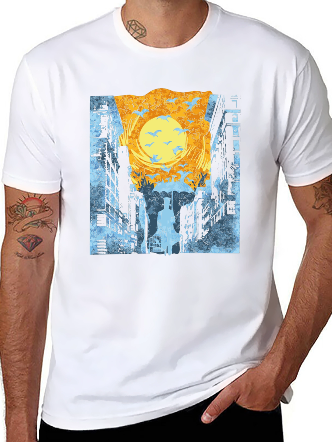 Cityscape T-Shirt: Urban Style with Bird Design
