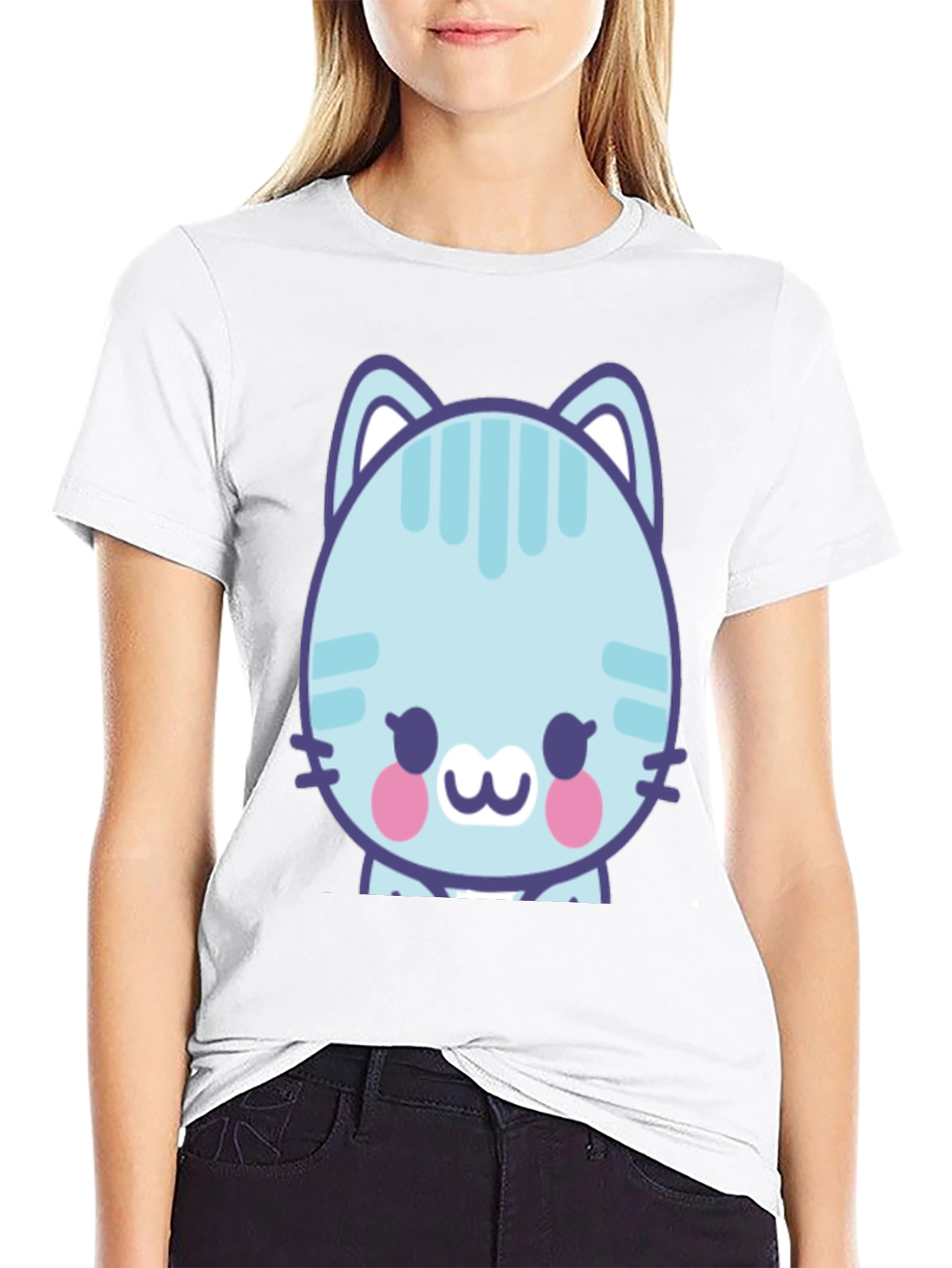 Cute Cartoon Cat Graphic T-Shirt - Black