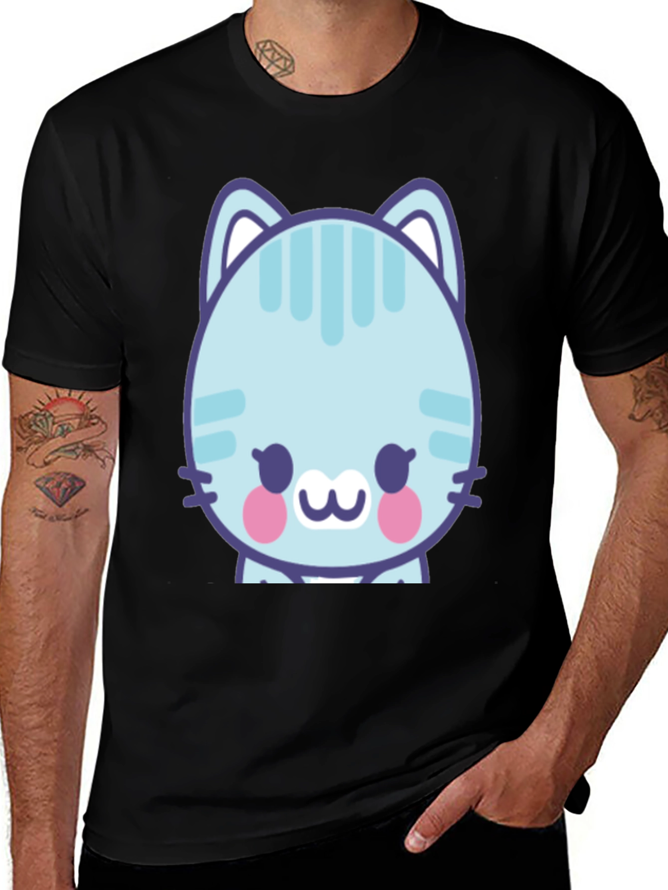 Cute Cartoon Cat Graphic T-Shirt - Black