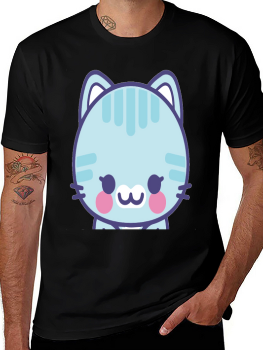 Cute Cartoon Cat Graphic T-Shirt - Black
