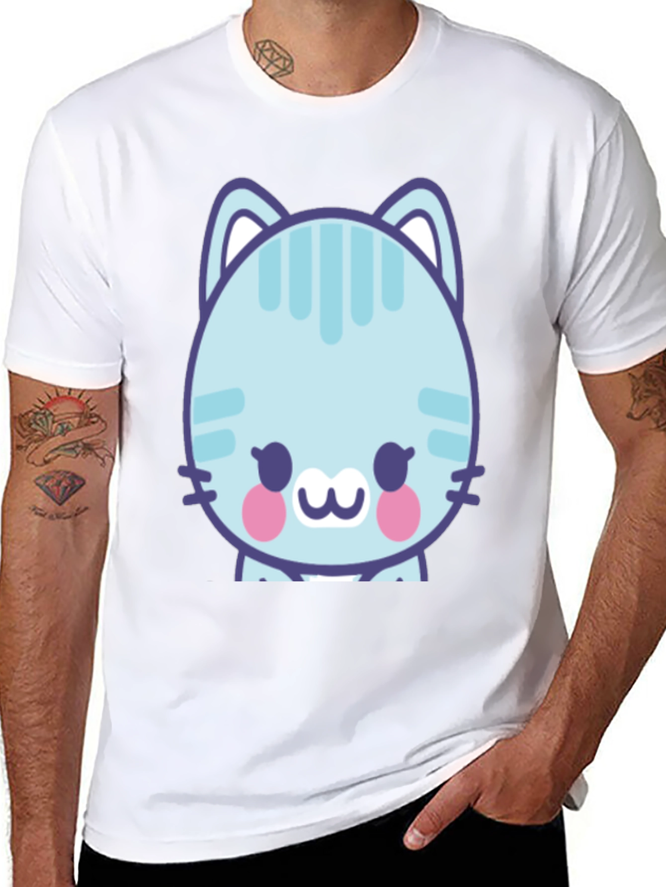 Cute Cartoon Cat Graphic T-Shirt - Black