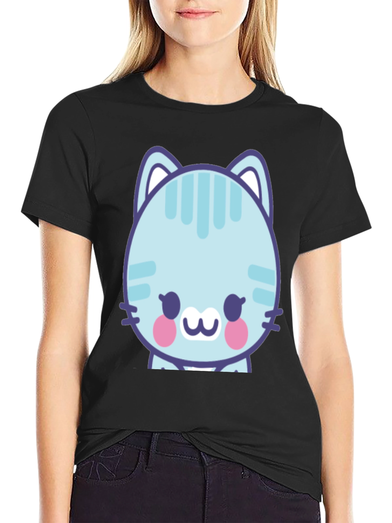 Cute Cartoon Cat Graphic T-Shirt - Black