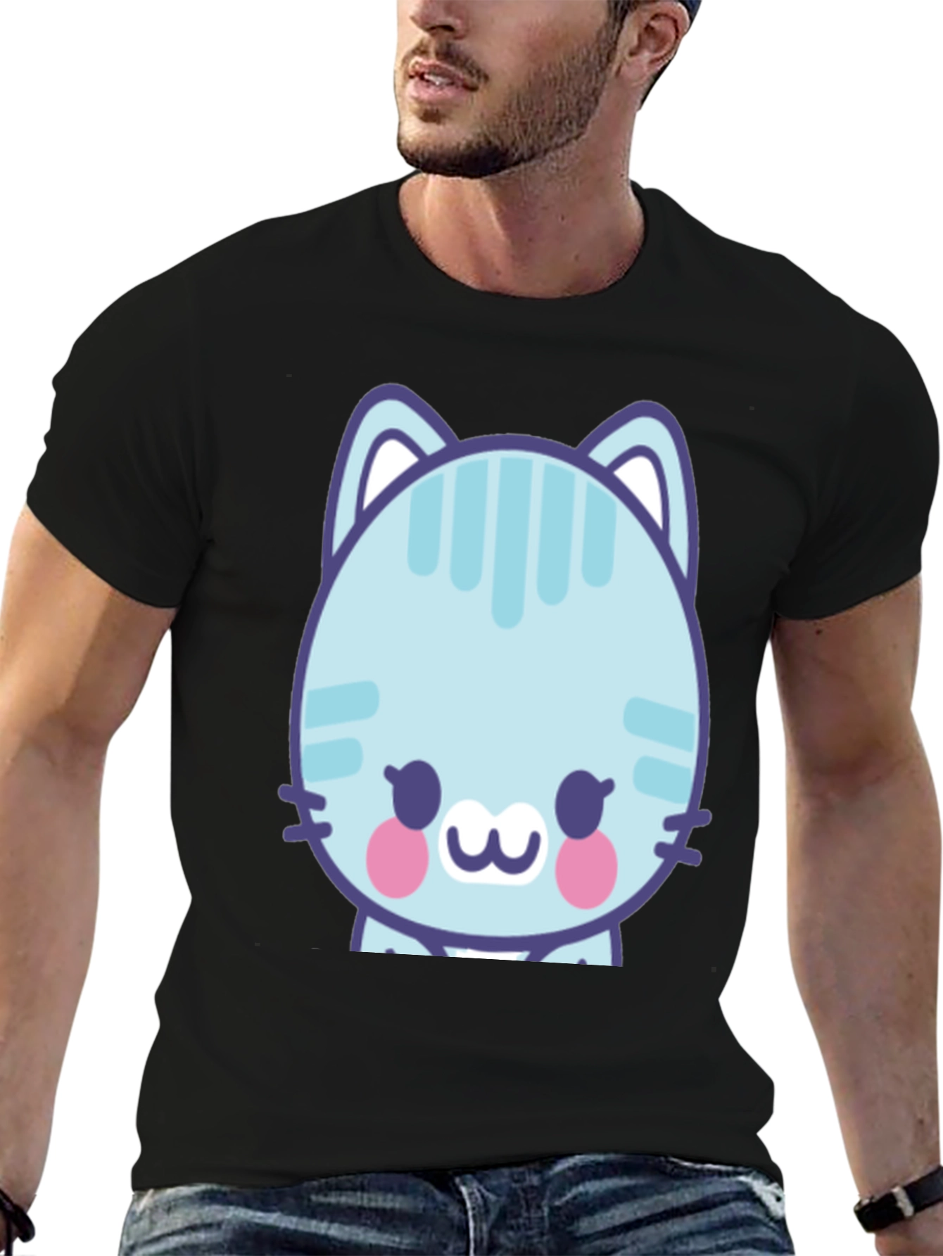 Cute Cartoon Cat Graphic T-Shirt - Black