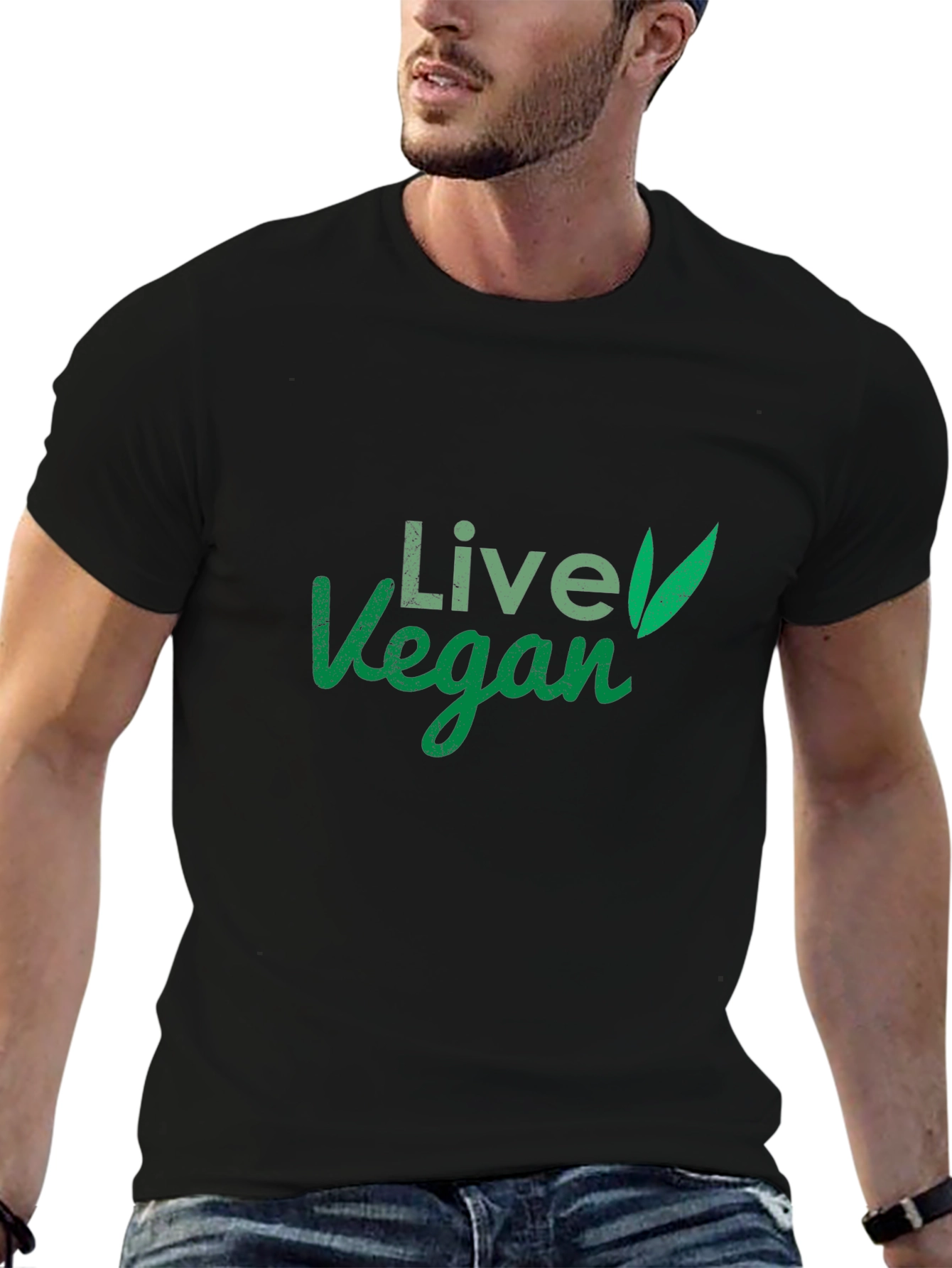 Live Vegan T-Shirt: Green Leaf Design Comfortable Fit