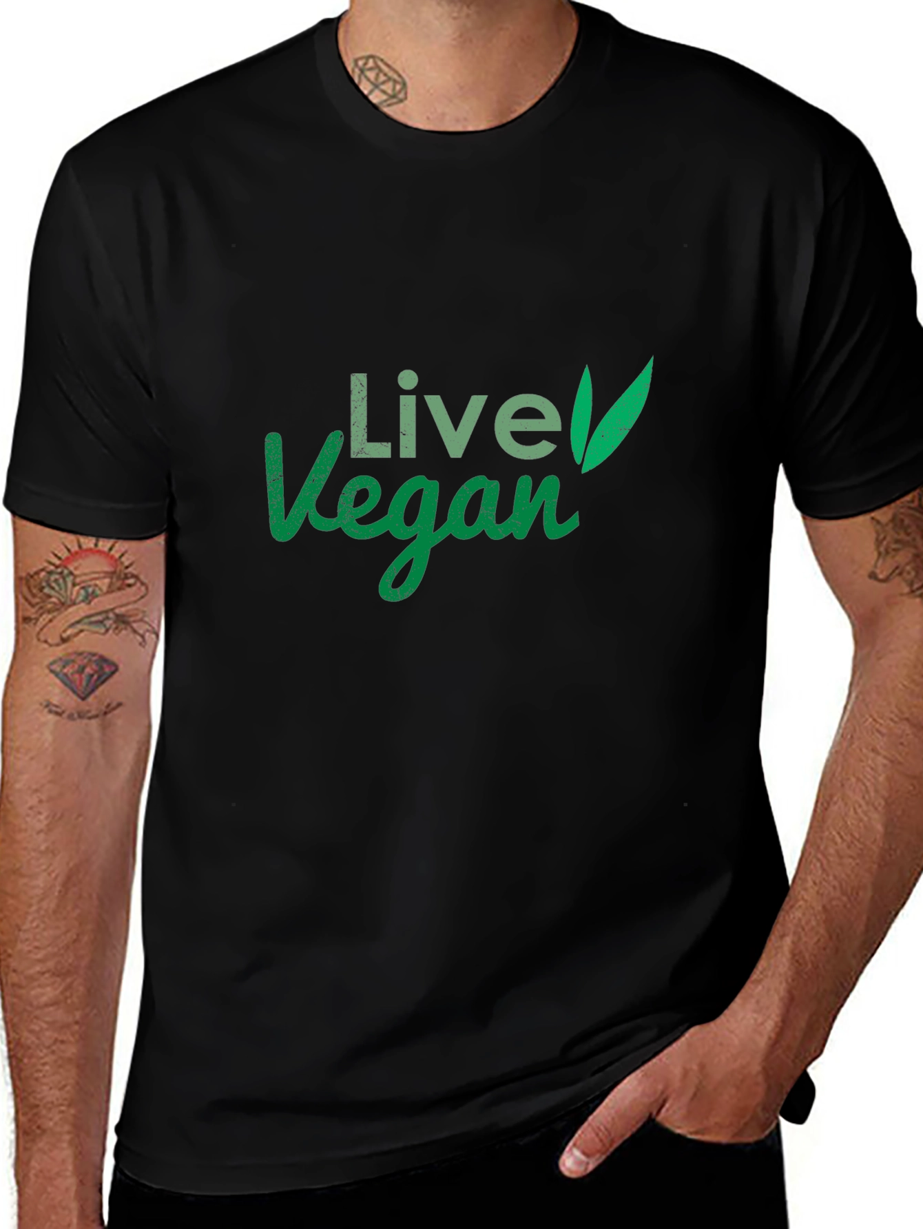 Live Vegan T-Shirt: Green Leaf Design Comfortable Fit
