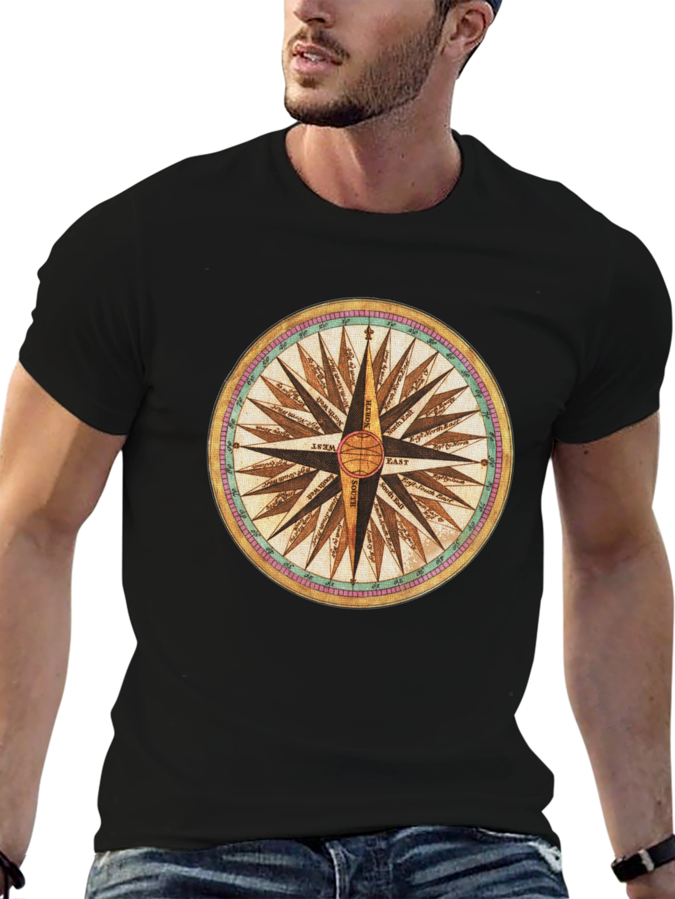 Compass Rose Graphic Tee - Black Cotton Blend Shirt