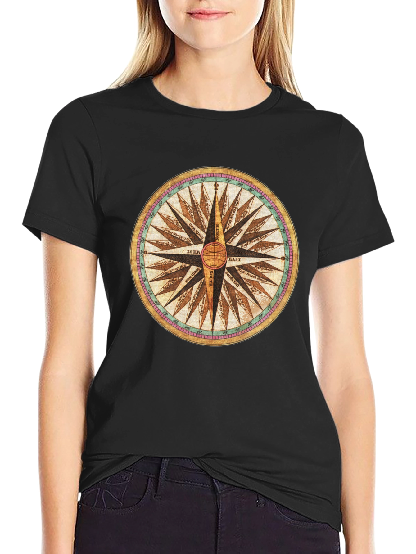 Compass Rose Graphic Tee - Black Cotton Blend Shirt