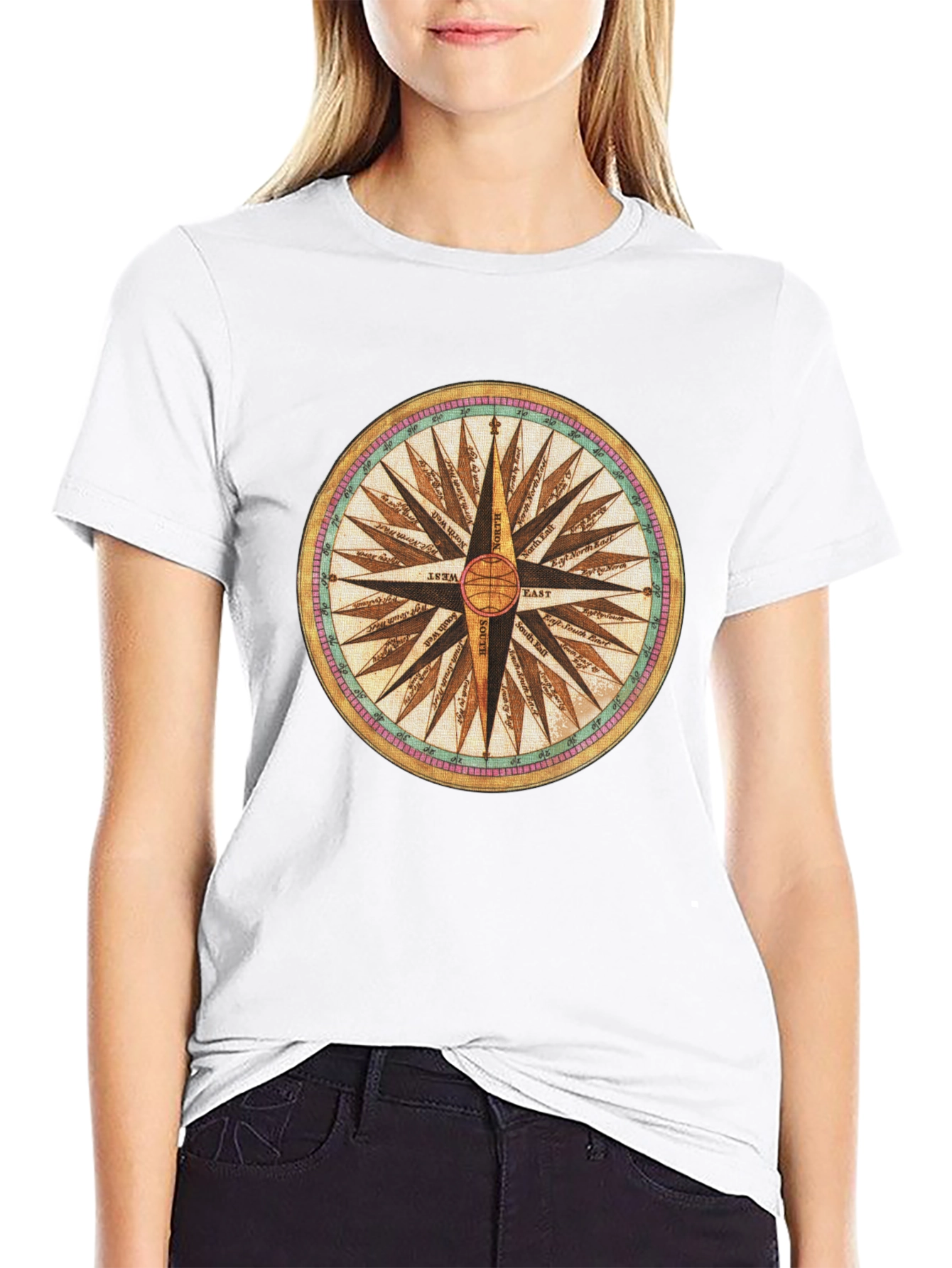 Compass Rose Graphic Tee - Black Cotton Blend Shirt