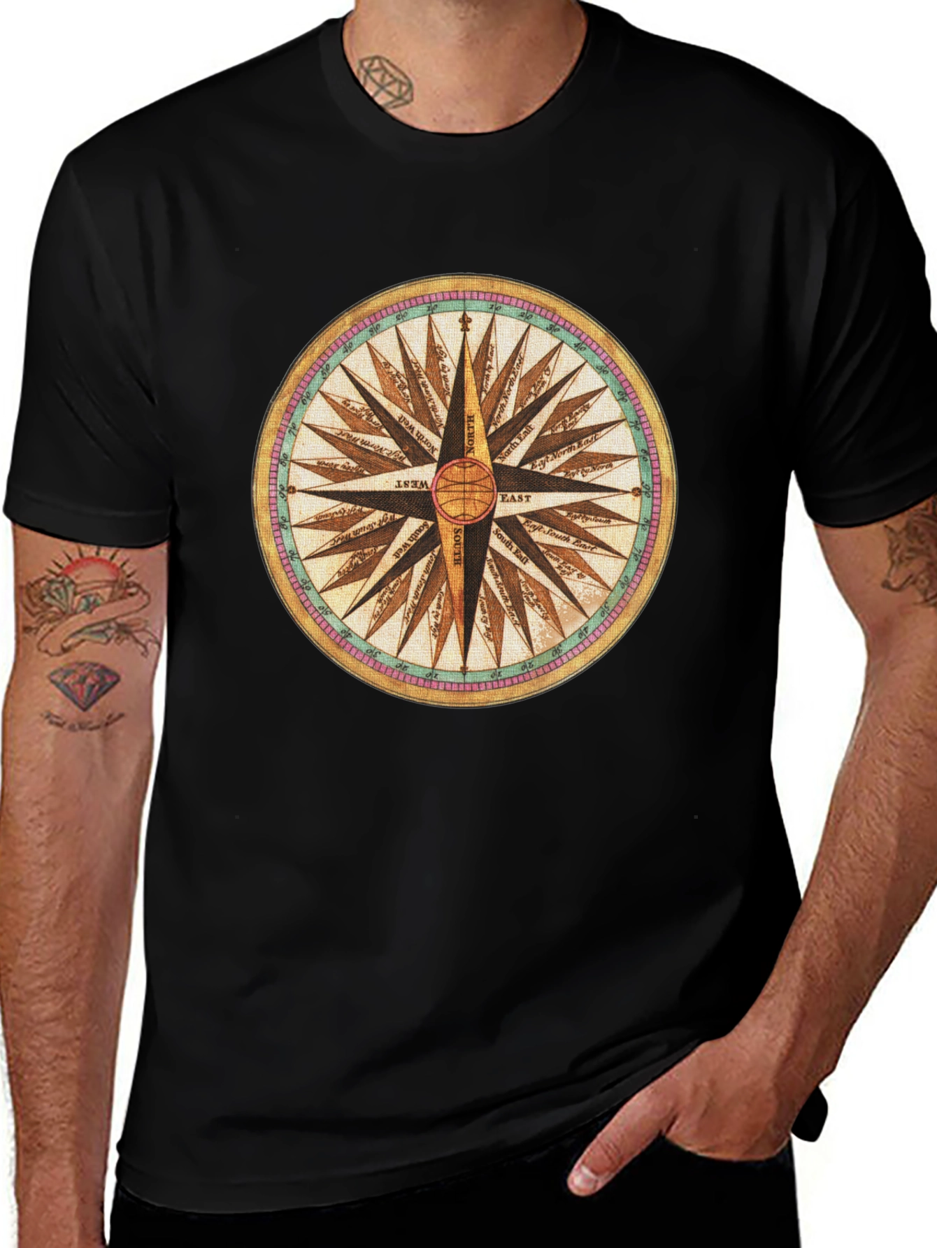 Compass Rose Graphic Tee - Black Cotton Blend Shirt