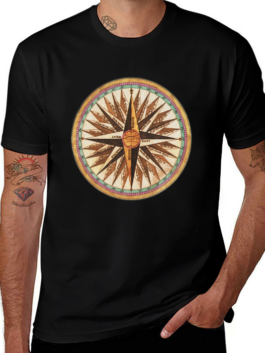 Compass Rose Graphic Tee - Black Cotton Blend Shirt