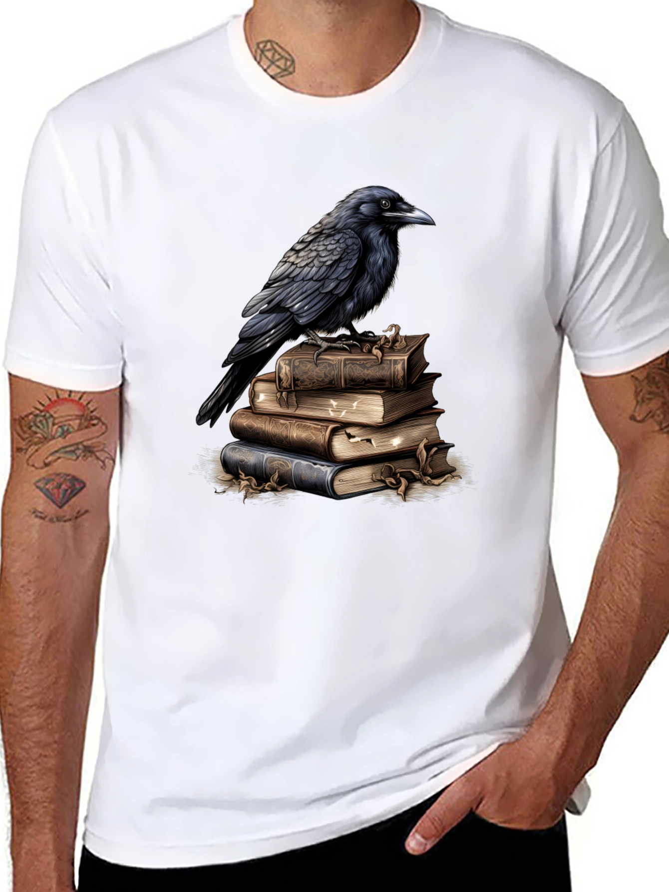 Raven on Books Graphic Tee - Literary Bird T-Shirt