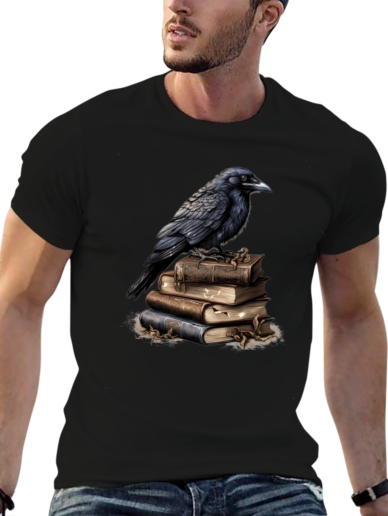 Raven on Books Graphic Tee - Literary Bird T-Shirt