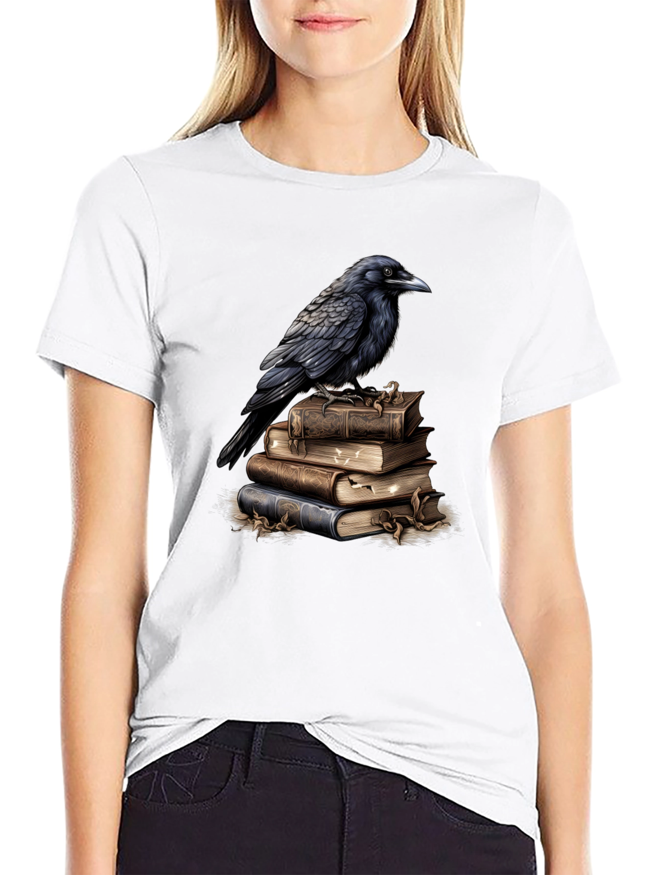Raven on Books Graphic Tee - Literary Bird T-Shirt