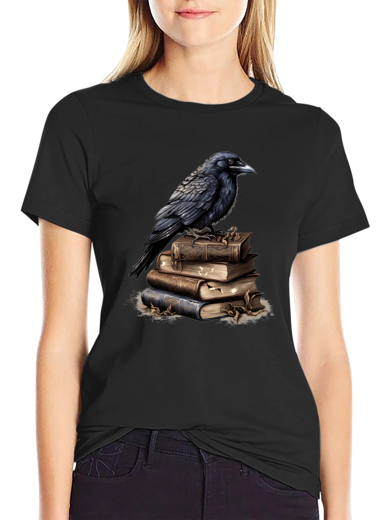 Raven on Books Graphic Tee - Literary Bird T-Shirt