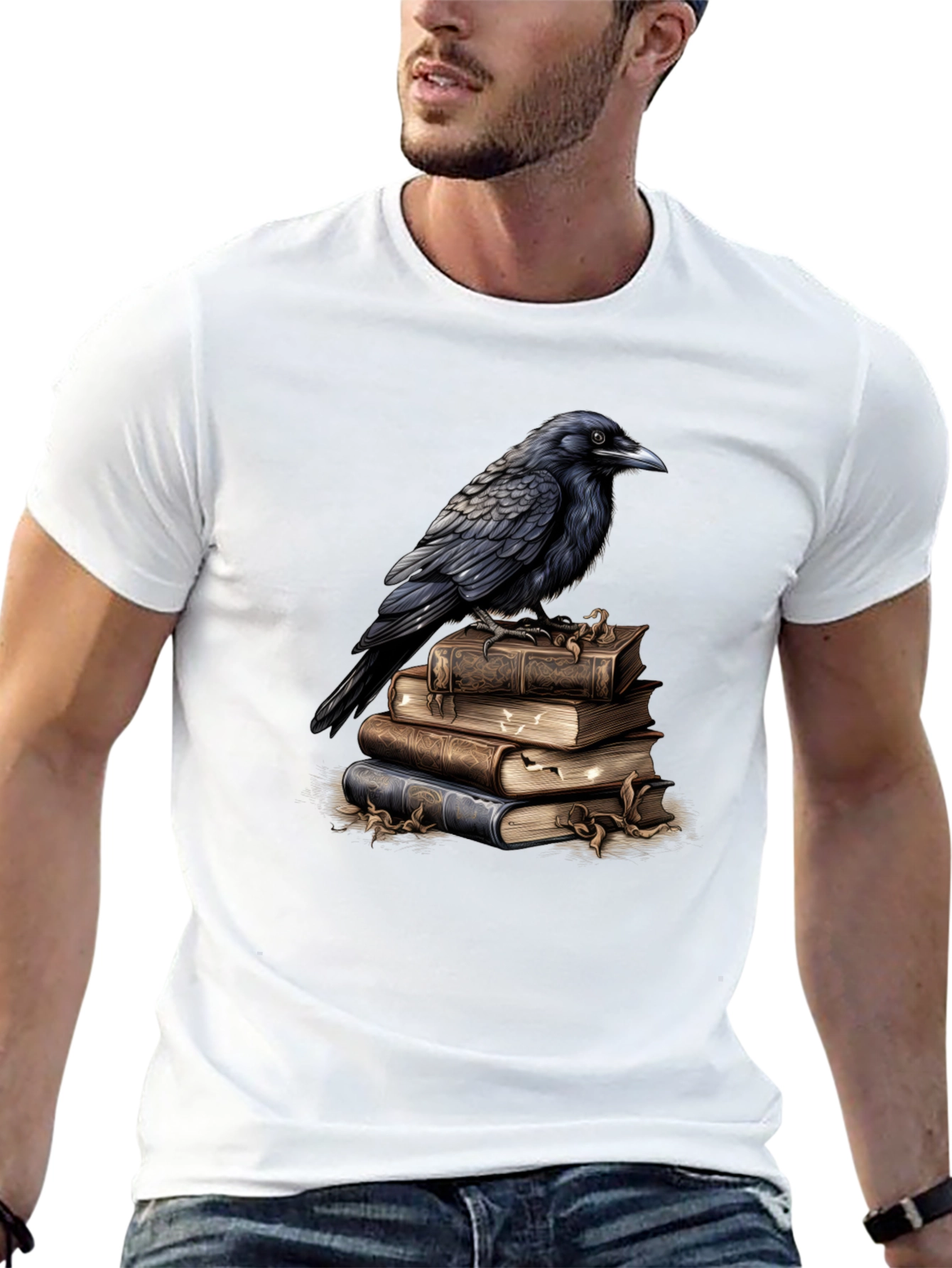 Raven on Books Graphic Tee - Literary Bird T-Shirt