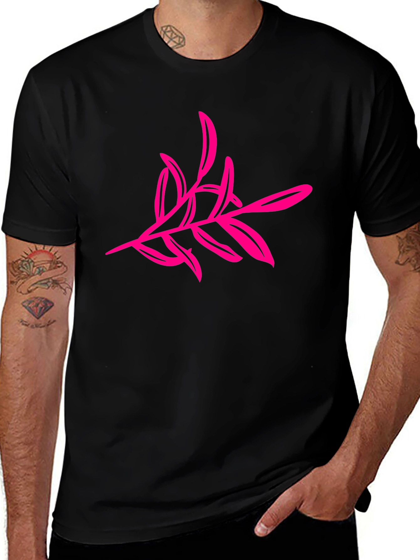 Black T-Shirt with Pink Floral Design