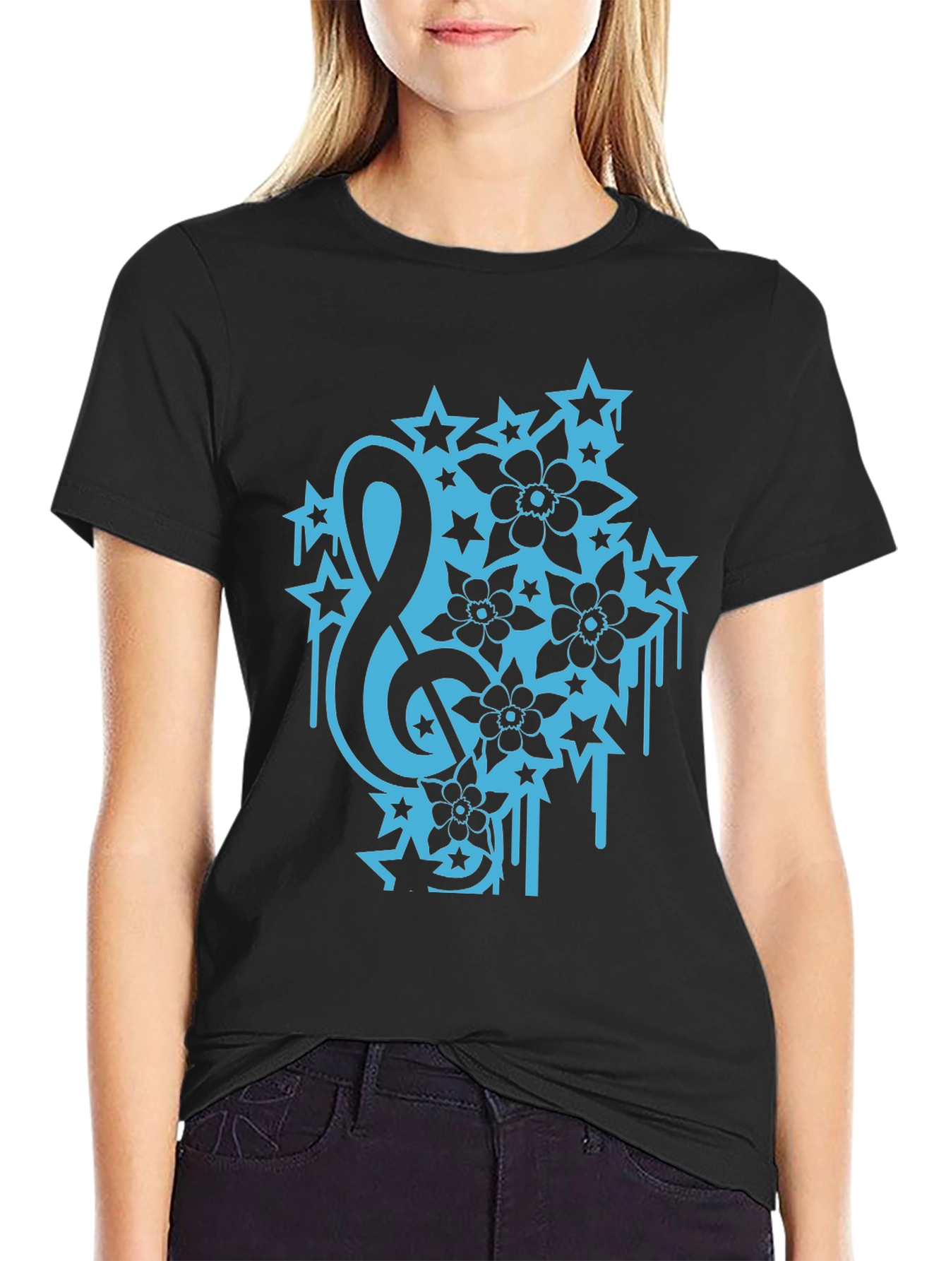 Black Tee with Treble Clef Stars & Flowers Graphic