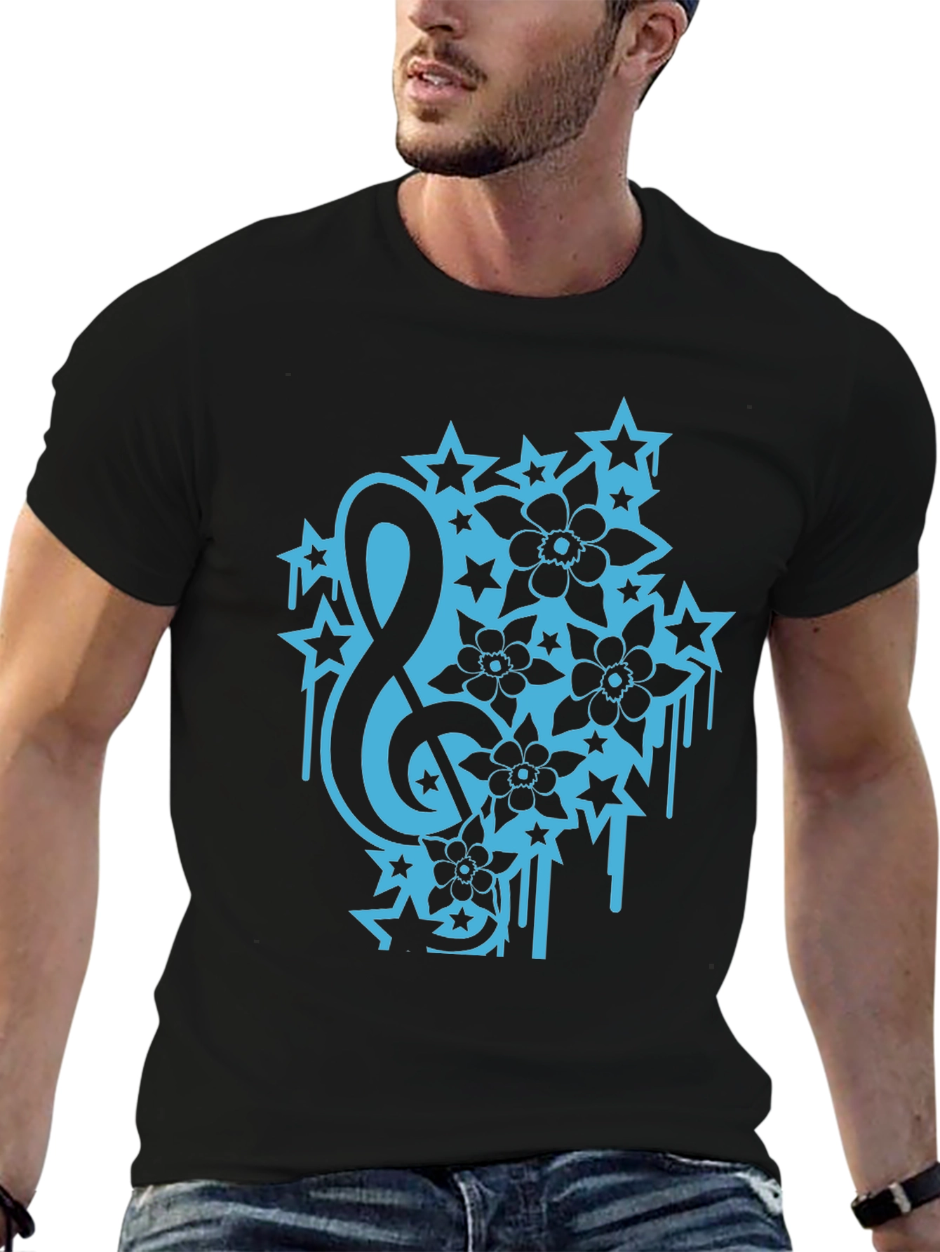 Black Tee with Treble Clef Stars & Flowers Graphic