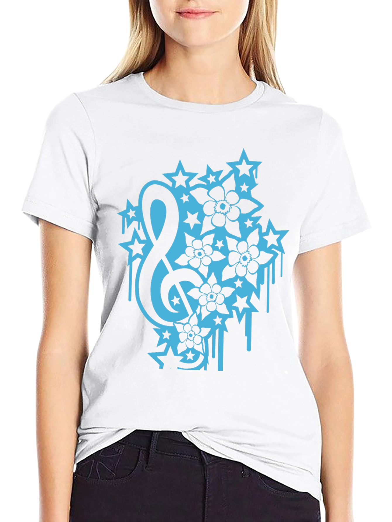 Black Tee with Treble Clef Stars & Flowers Graphic