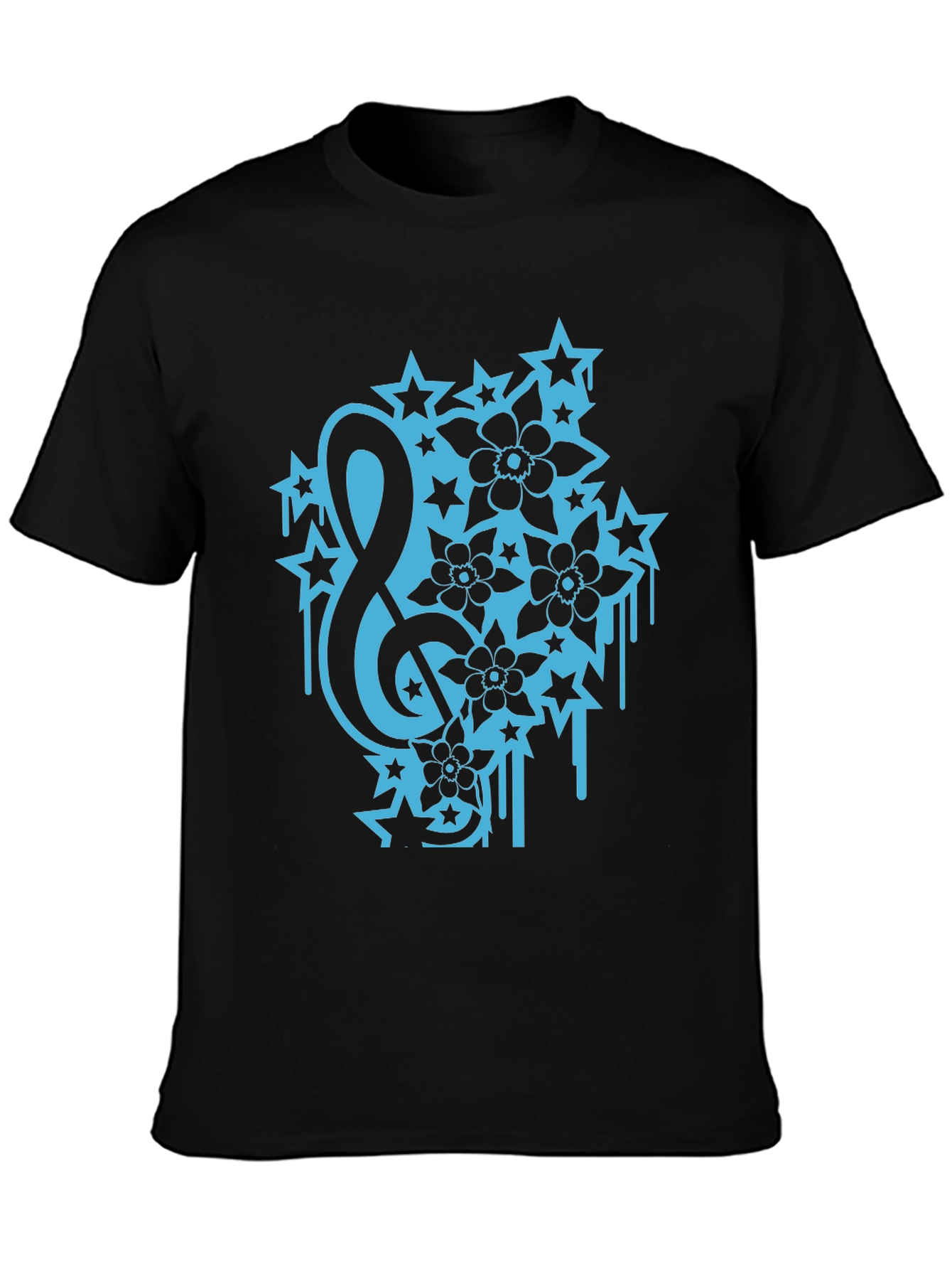 Black Tee with Treble Clef Stars & Flowers Graphic