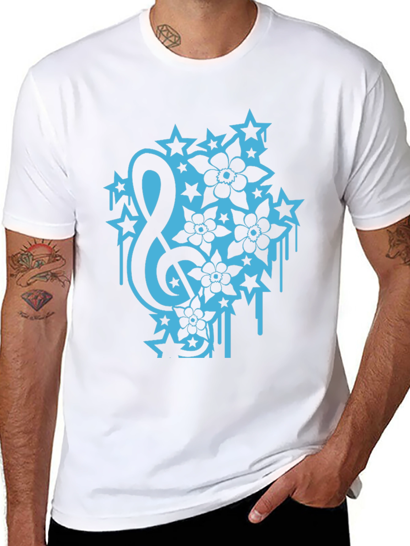 Black Tee with Treble Clef Stars & Flowers Graphic