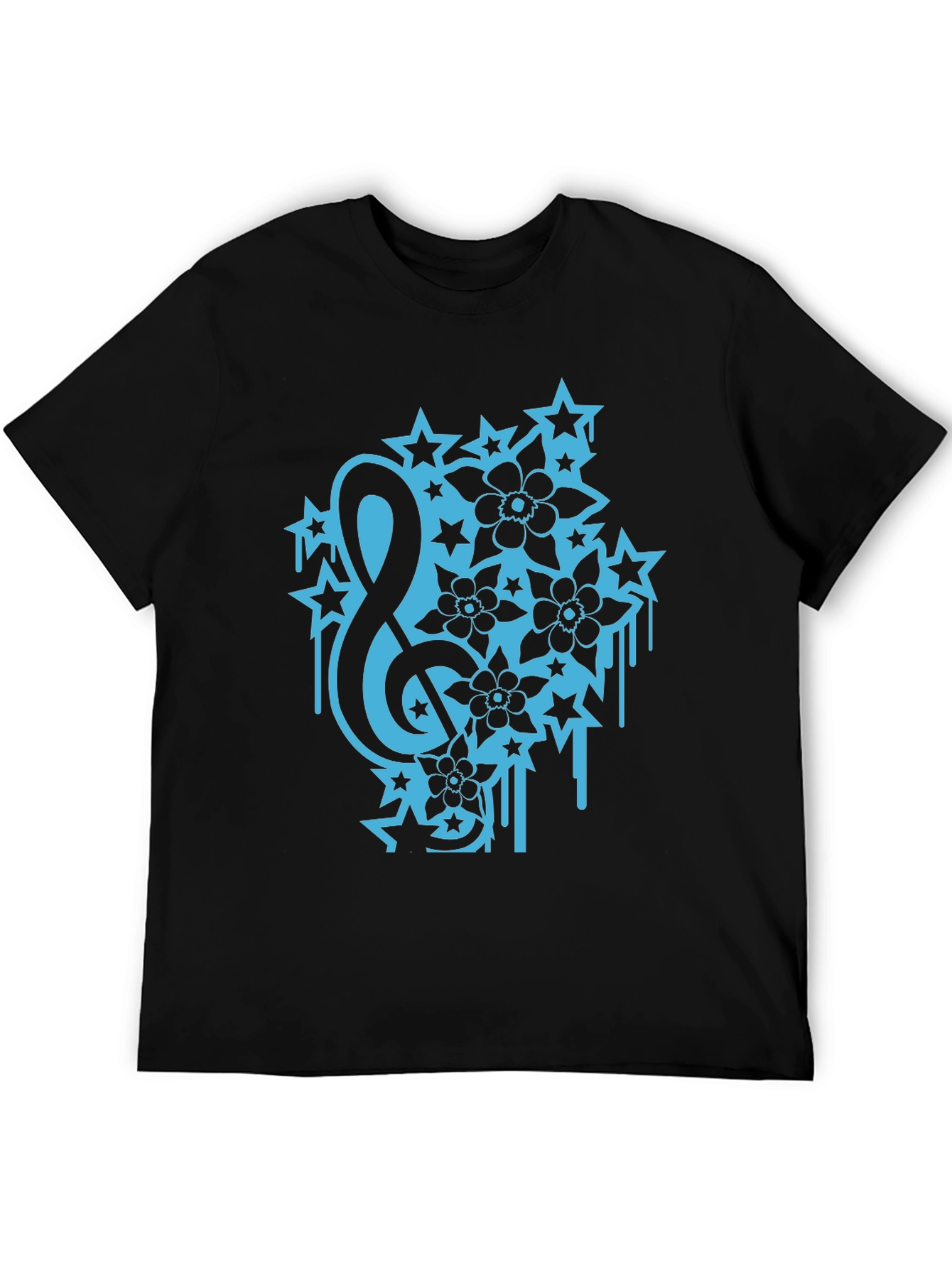 Black Tee with Treble Clef Stars & Flowers Graphic