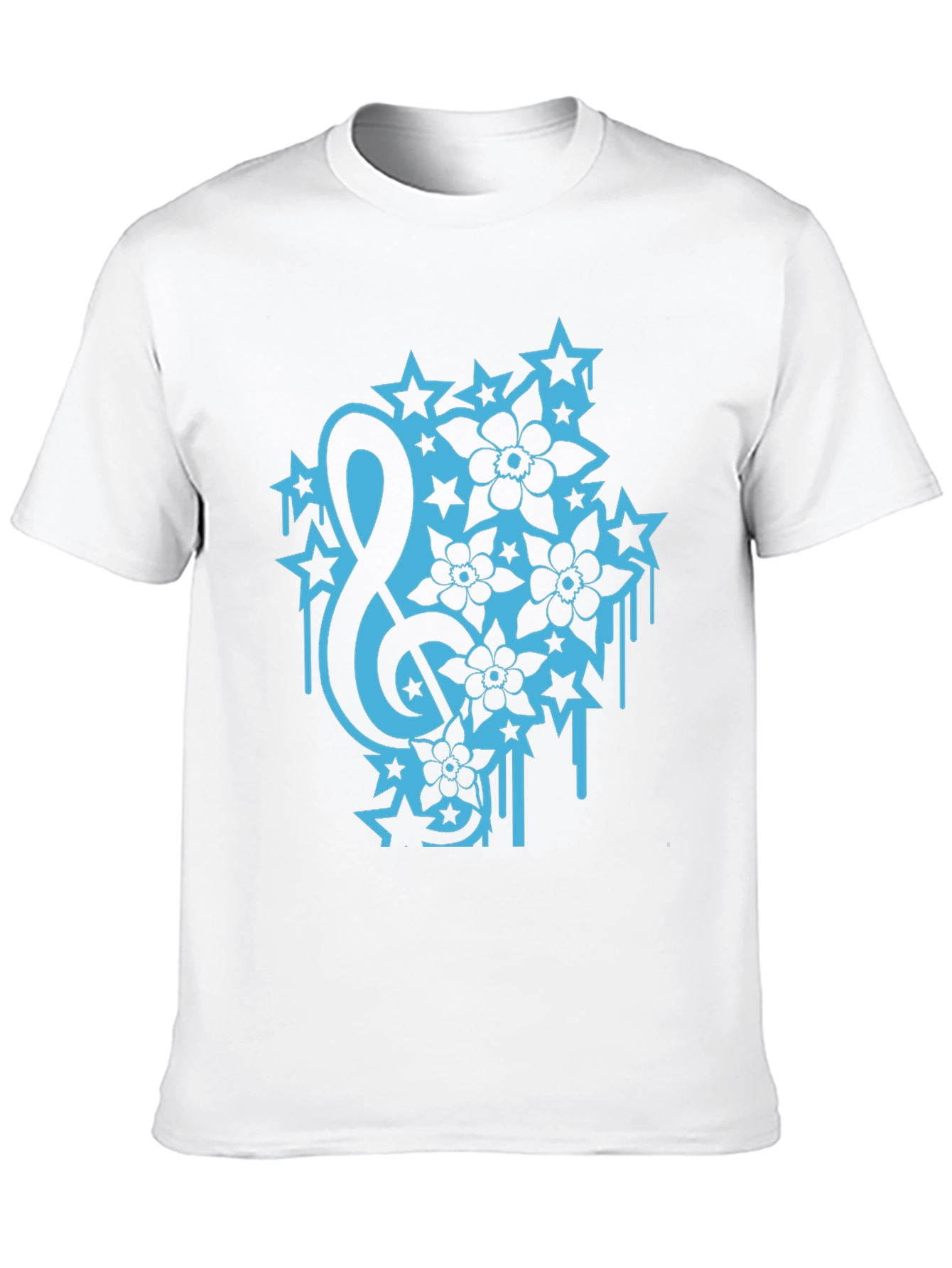 Black Tee with Treble Clef Stars & Flowers Graphic